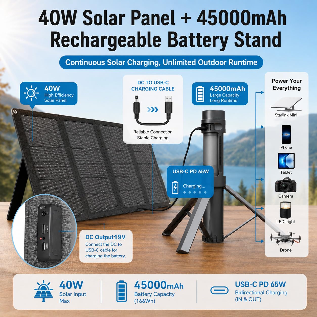 Elfcam - Solar Akku Set für Starlink Mini, 166,5Wh 45000mAh Powerbank mit faltbarem 40W Solarpanel, DC 30V Ausgang, USB-C PD 65W Mobile Stromversorgung für Camping, Wohnmobil, Van und Outdoor