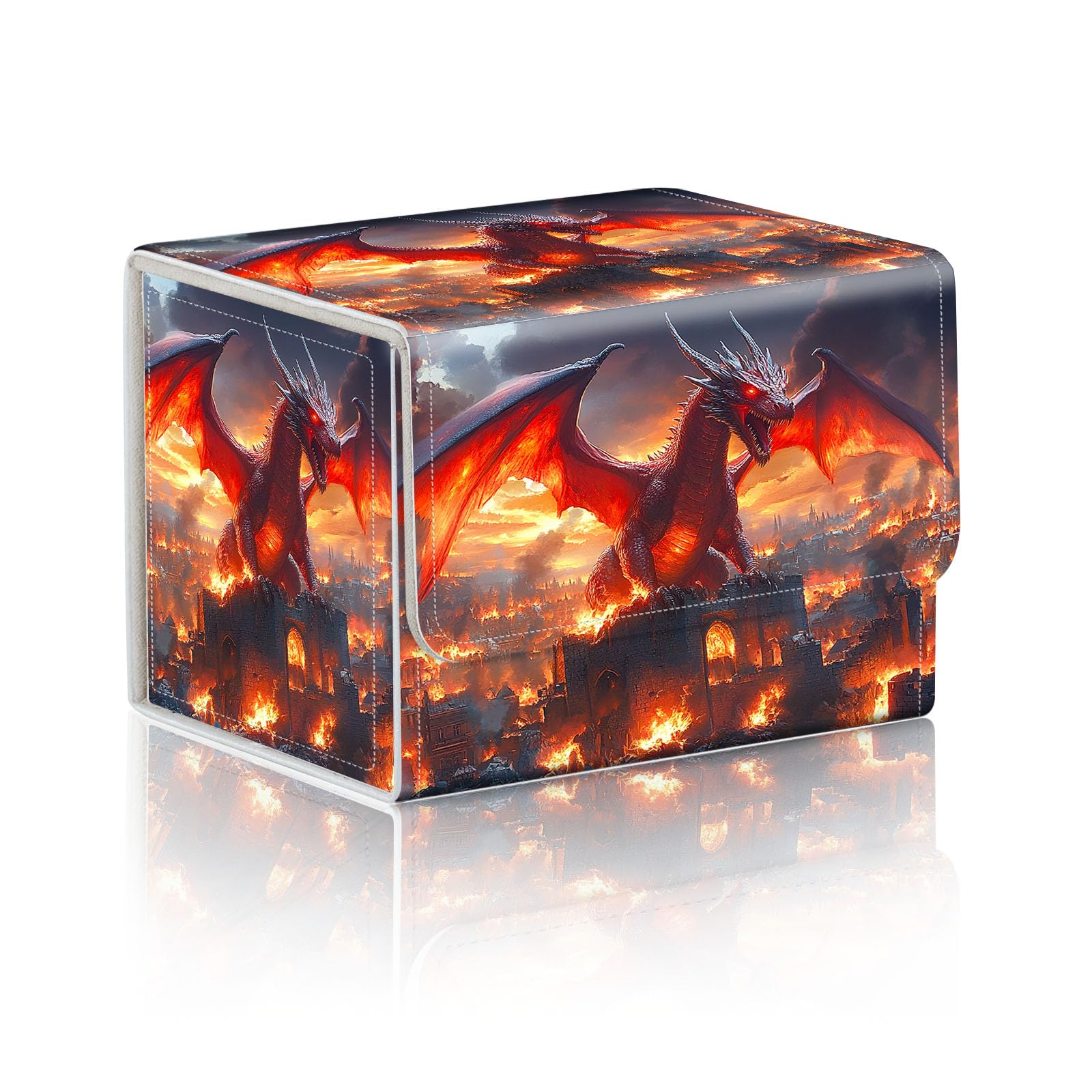 DISUOFEART Trading Card Storage Box, Holds 100+ for MTG Cards, Premium PU Leather with Magnetic Closure, Red Dragon Torching A City Durable Deck Box for Magic the Gathering, Trading Card Games