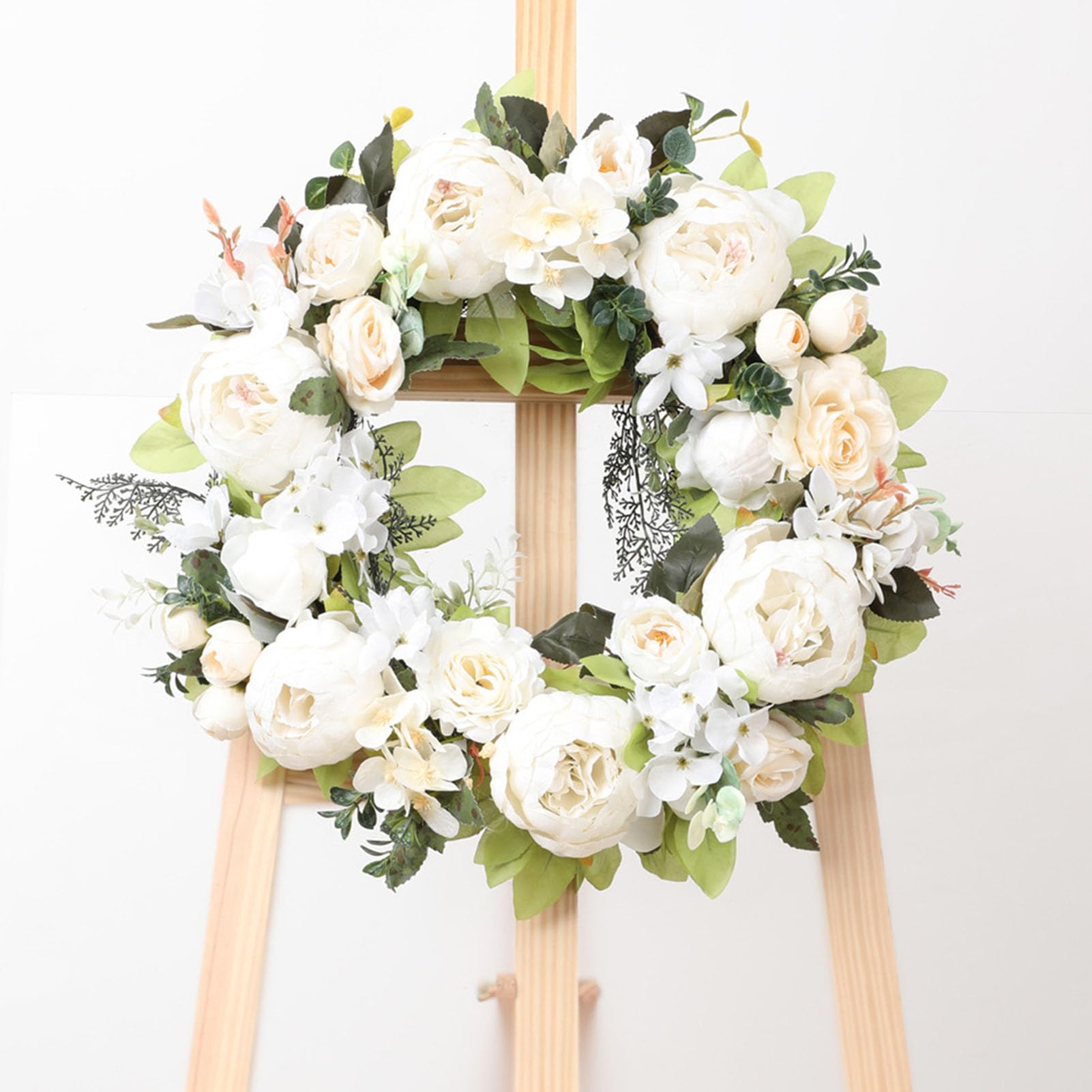 RIZGHWOY Ghirlanda Floreale di Peonia Rosa Artificiale, Decorazione da Appendere Alla Porta con Fiori Finti Fatti a Mano da 17,7 Pollici per la Casa della Parete di Nozze (WHITE)