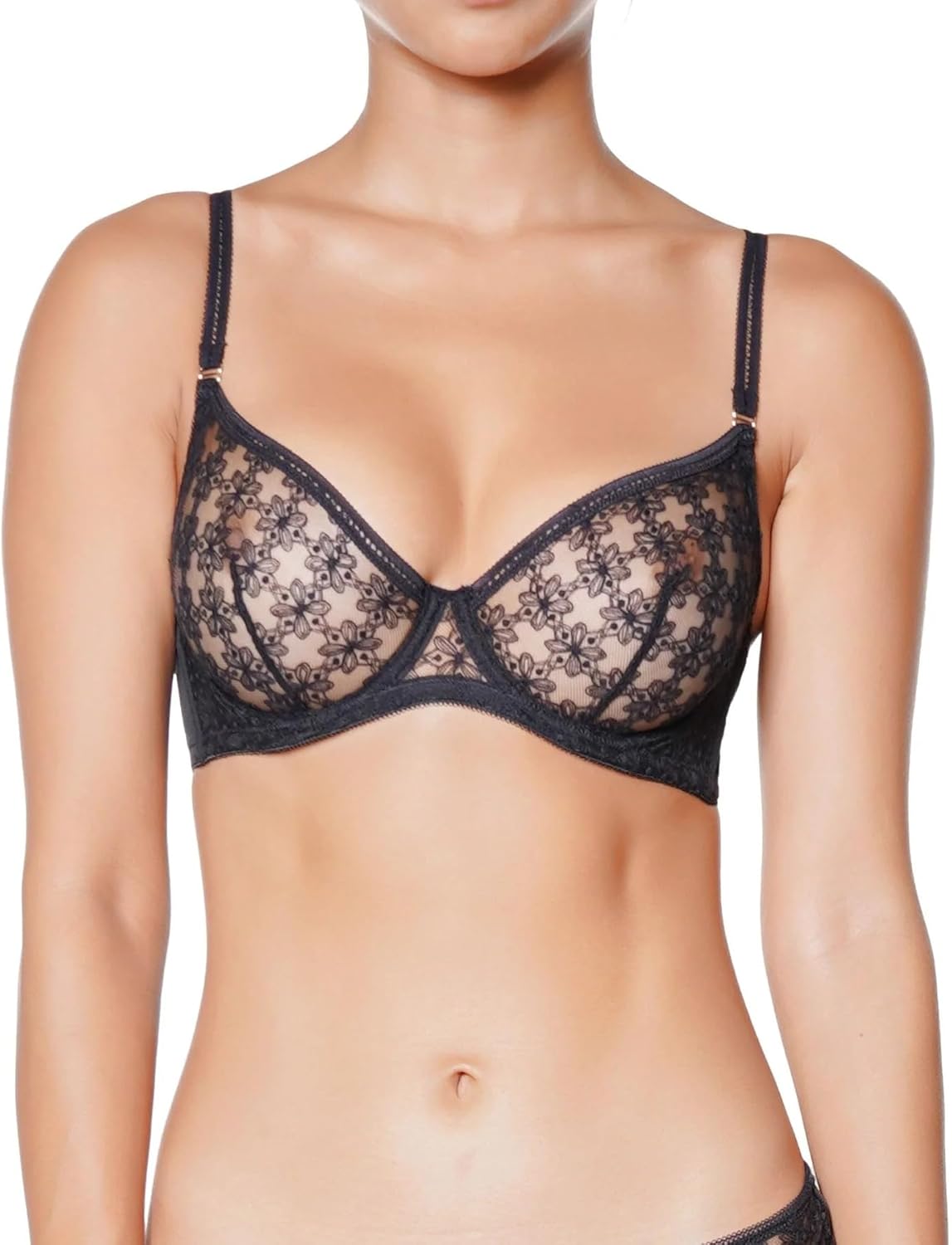 Size: 36 Huit Women's Cafe Fleur Stretch Lace Pattern Underwire Bra 36E Black