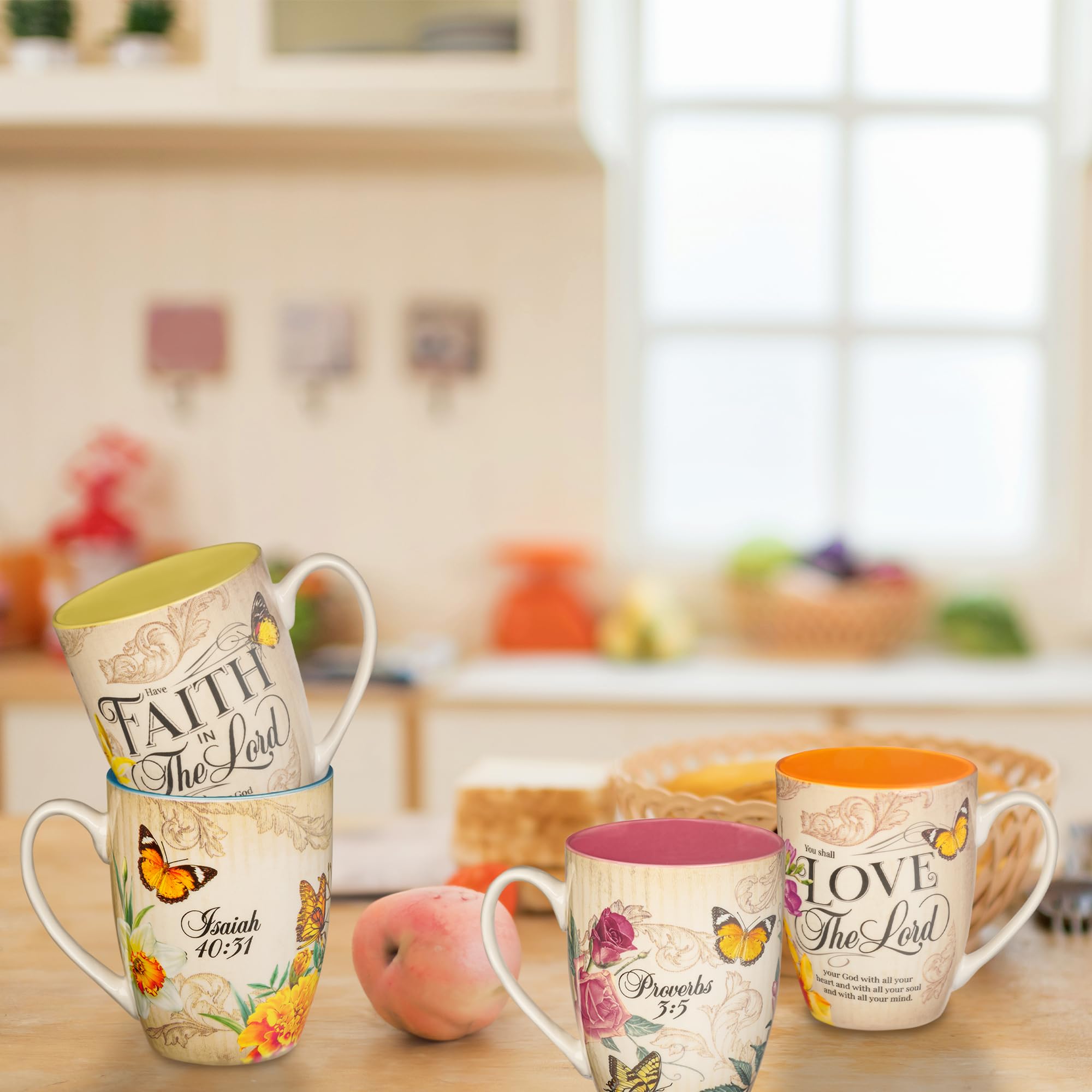 Amazon.com: Christian Art Gifts Novelty Floral Ceramic Scripture Coffee &  Tea Mug Set: Hope, Trust, Faith, Love - 4 Fancy Medium 12 oz. Cups  w/Butterflies & Bible Verses, Multicolor Blue/Pink/Green/Orange Floral :