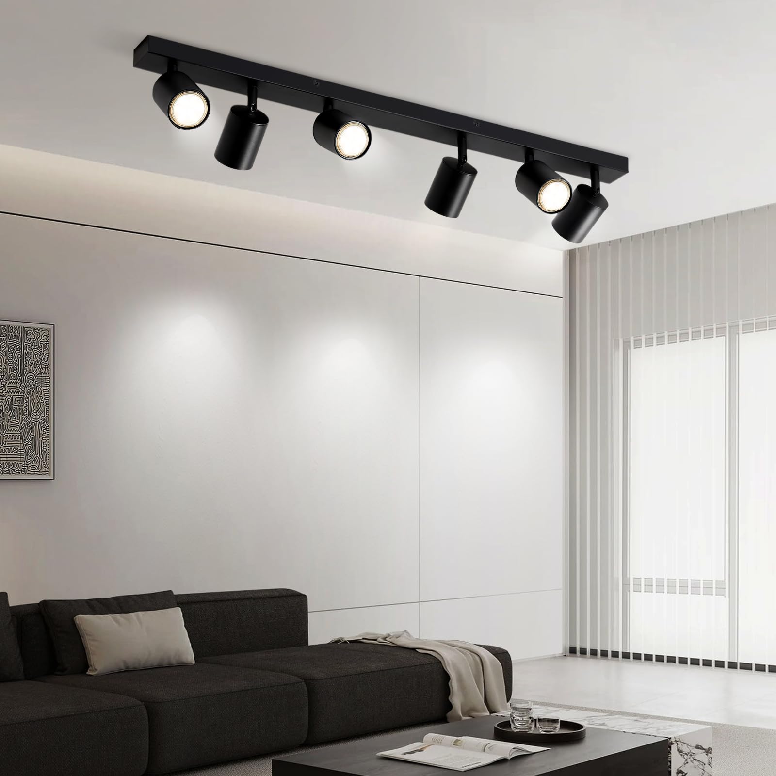 Glitzerlife reflektor sufitowy LED 6-płomieniowy - lampa sufitowa czarna GU10 obrotowy 350° długi nowoczesny reflektor sufitowy lampa kuchenna salon sypialnia korytarz MAX.25W bez żarówki