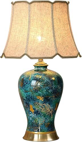 Lámpara de Mesa Chinoiserie Lámpara de mesa de cerámica china tradicional pintada a mano E27 lámpara de noche de tela de cobre lámpara de escritorio