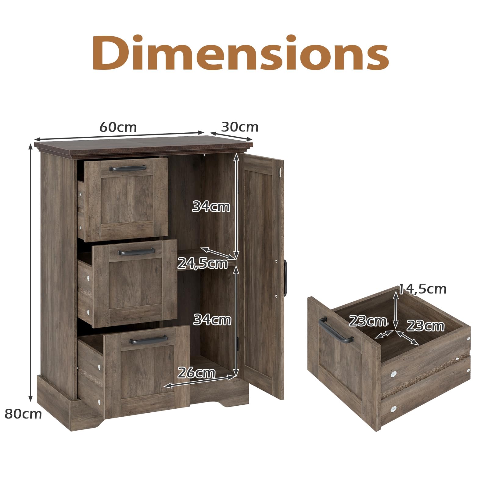 KOMFOTTEU Buffetschrank mit 3 Schubladen & Schrank mit Türen, Küchenschrank mit Magnetverschluss für Türen, niedriges Buffet mit Kippschutz, für Wohnzimmer, Esszimmer, 60 x 30 x 80 cm (Vintage)