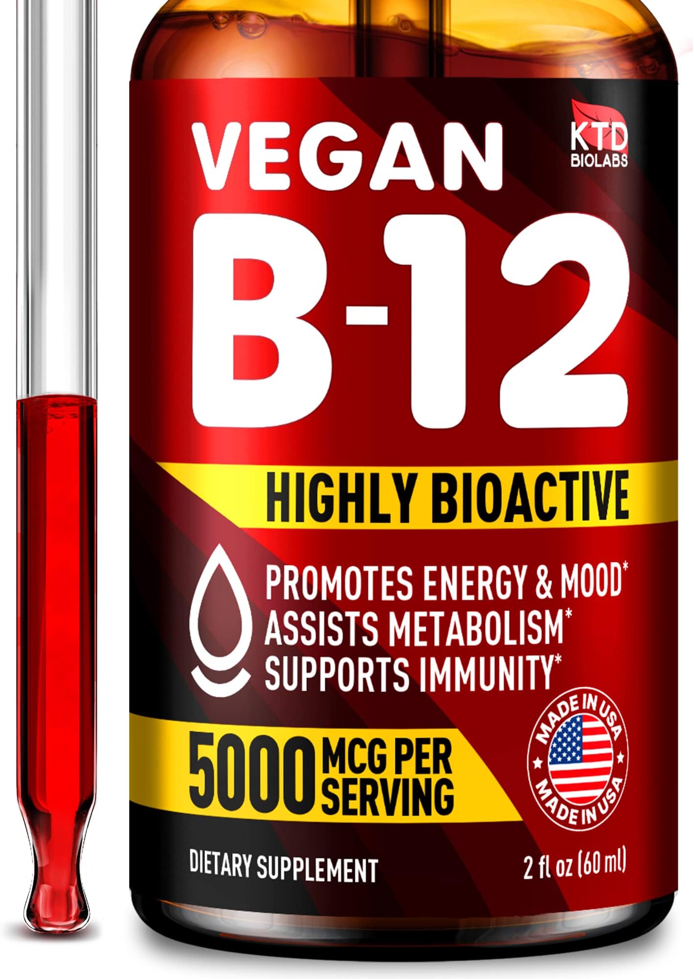 KTD BIOLABS B12 Sublingual 5000 mcg Drops - Made in USA - Vegan B12 Vitamins for Energy, Mood & Memory - Highly Bioavailable Sublingual Drops - Methylcobalamin for Women & Men - 2 fl. oz.