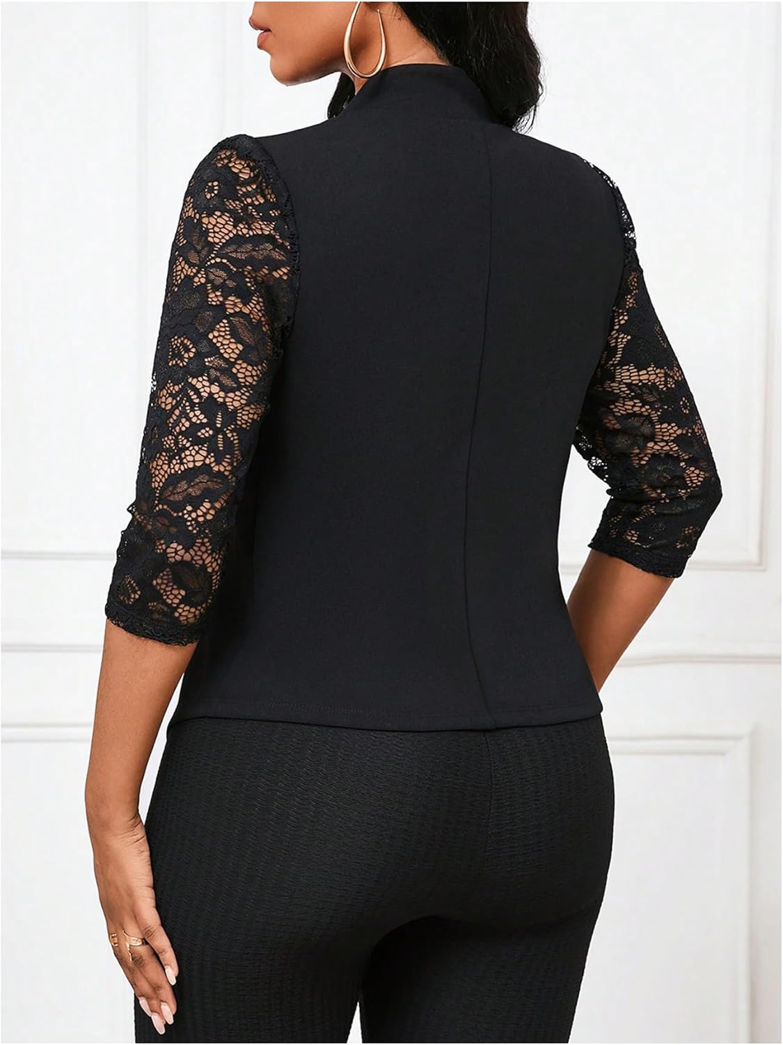 SHENHE Women's Floral Lace 3/4 Sleeve Open Front Work Office Notch Lapel Blazer Jacket - Image 2