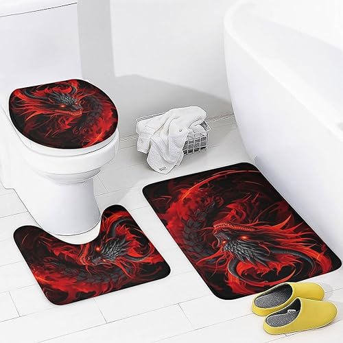 Miniatura 4 de Juego de 4 cortinas de ducha de dragón rojo fuego, juego de decoración de baño con moquetas, juego de cortina de baño con 12 ganchos