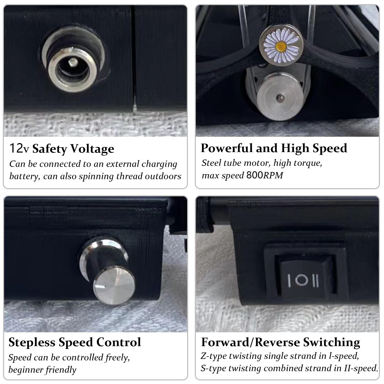 Filatoio Elettrico a Velocità Regolabile, Ruota per Filatura Lana, 800 Giri/Min, Diametro Del Foro Di 12,0 Mm, Con 3 Rocchetti Da 4 Once, Rotazione in Avanti E All'indietro, per Lana, Seta Black