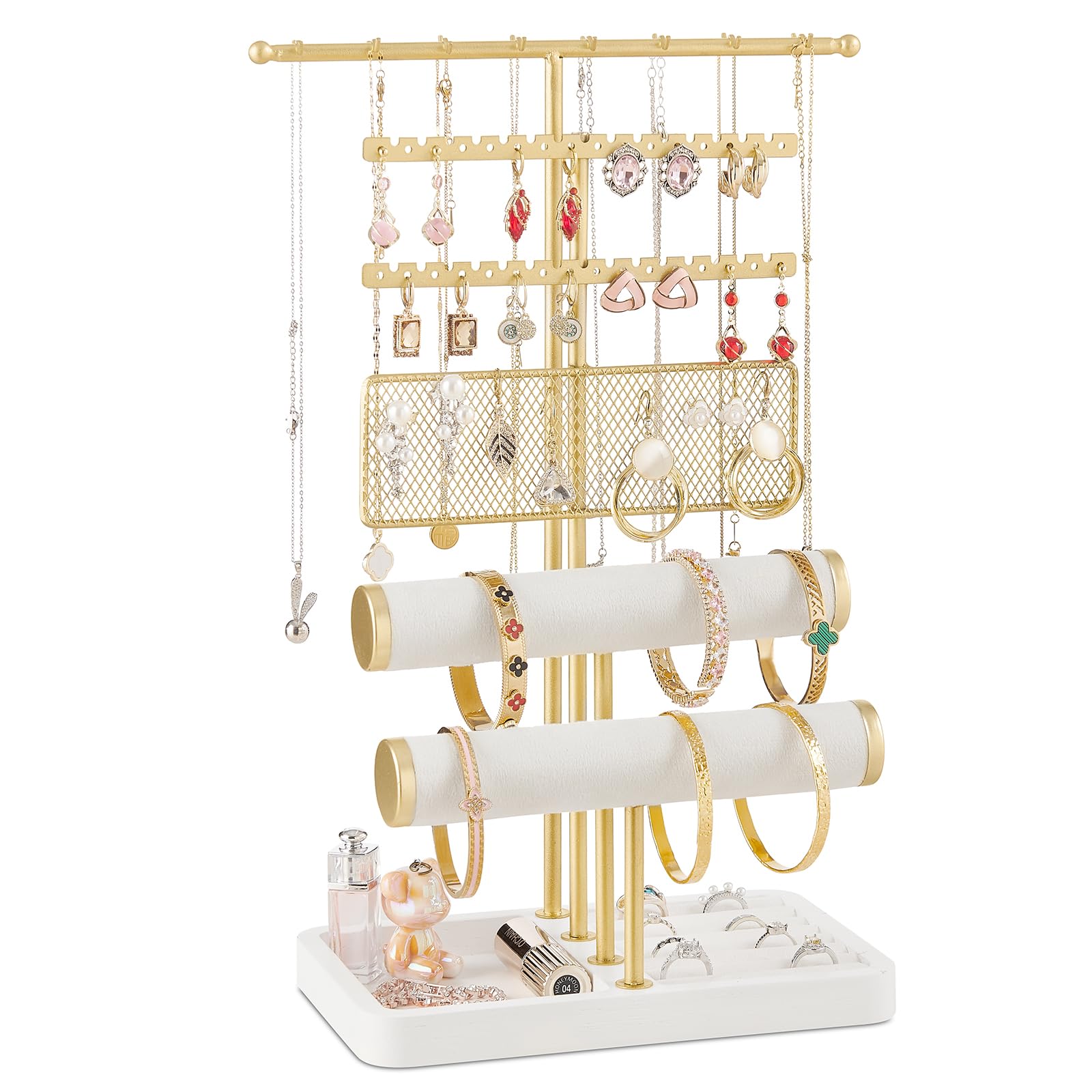 Photo 1 of Poyilooo 4 Tier Jewelry Organizer, Earring Holder Jewelry Stand for Necklace Earring Keychains Bracelet Rings Display Jewelry Tree Stand Christmas Gifts for Women (Whitegold)