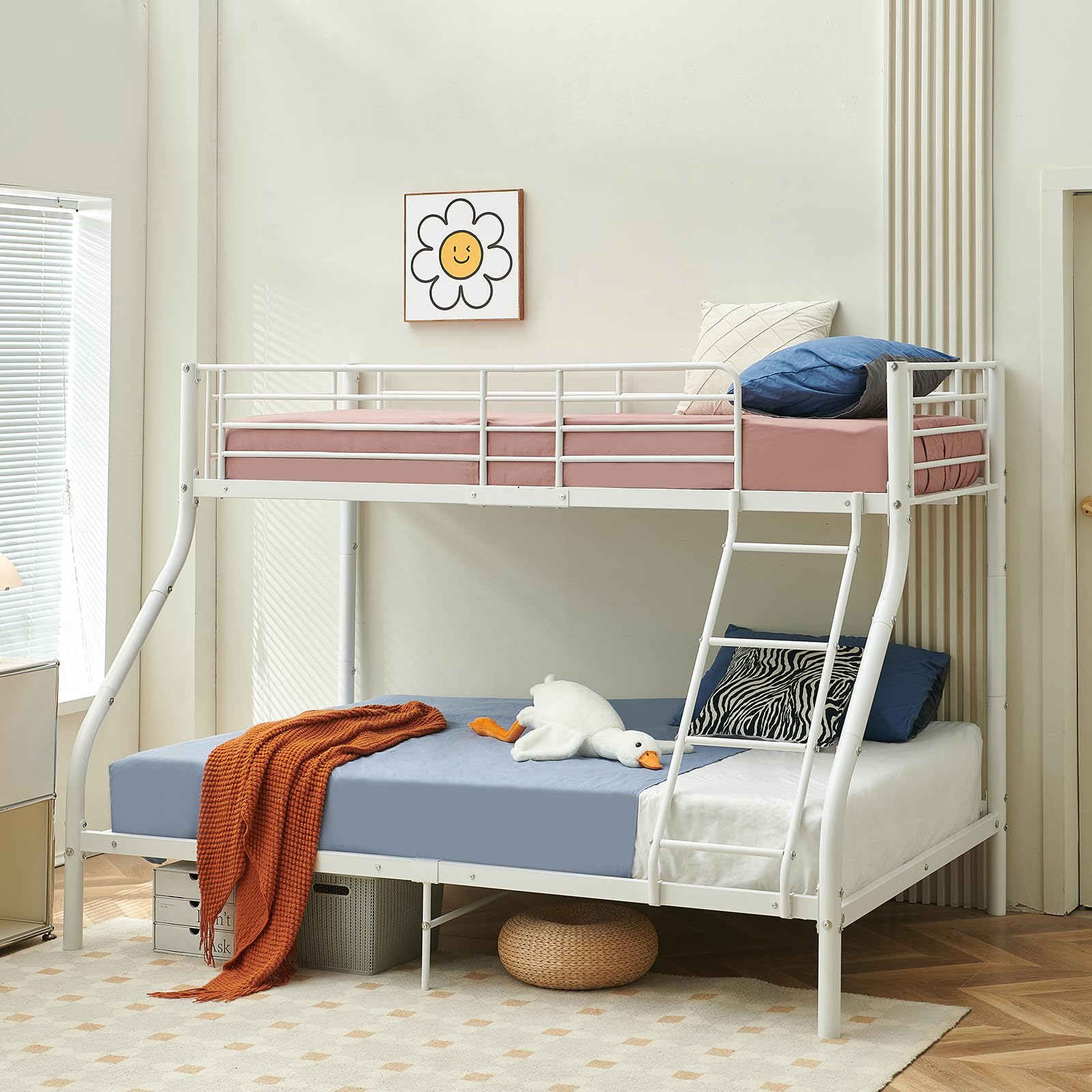 Litera de Metal para Niños, 90 x 200 cm o 140 x 200 cm, Cama Alta Doble Con Somier para Dormitorio Juvenil, Color Blanco