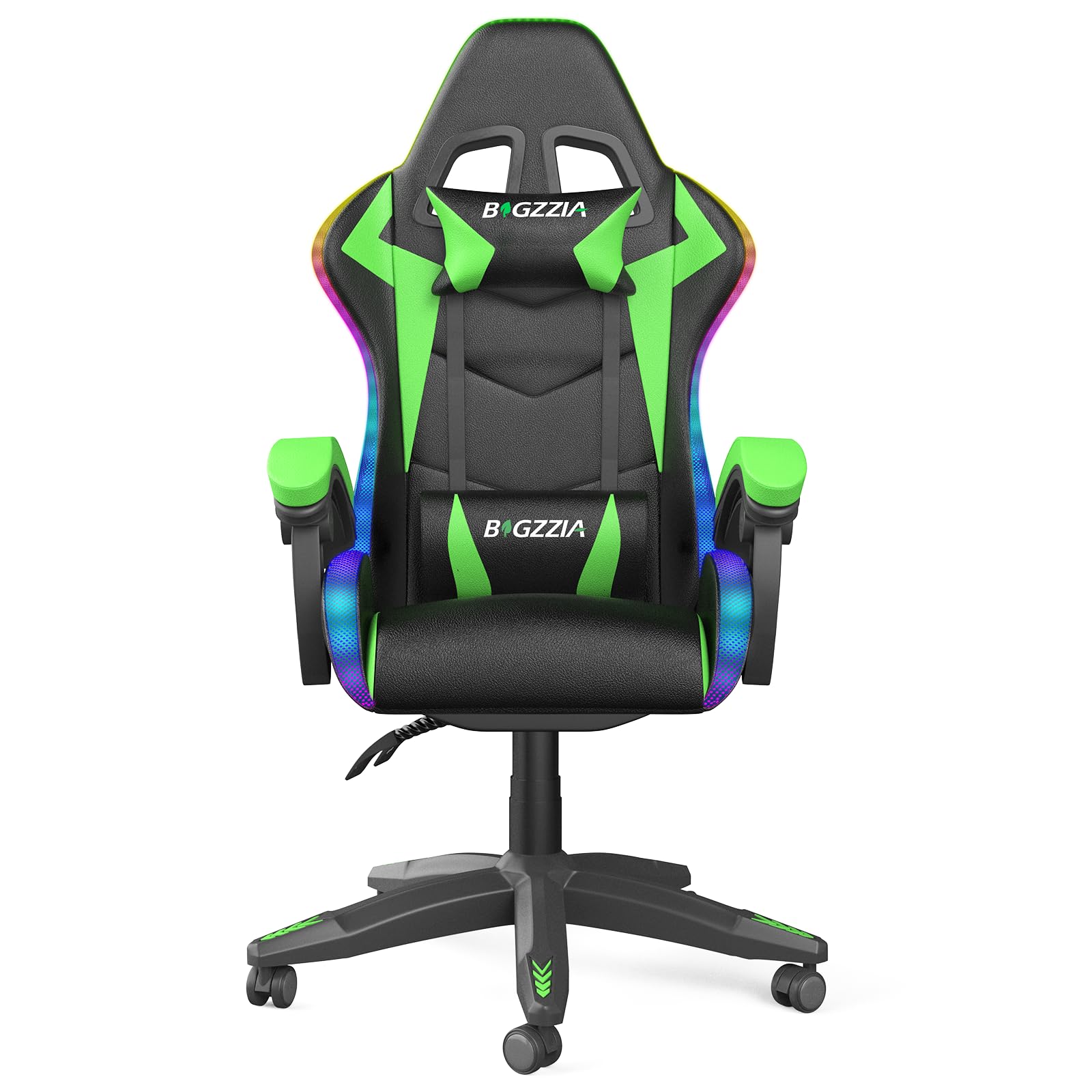 bigzzia RGB Gaming Chair with LED Lights and Ergonomic Computer Chair Reclining PU Leather High Back Video Game Chair (Green, With RGB Lights)