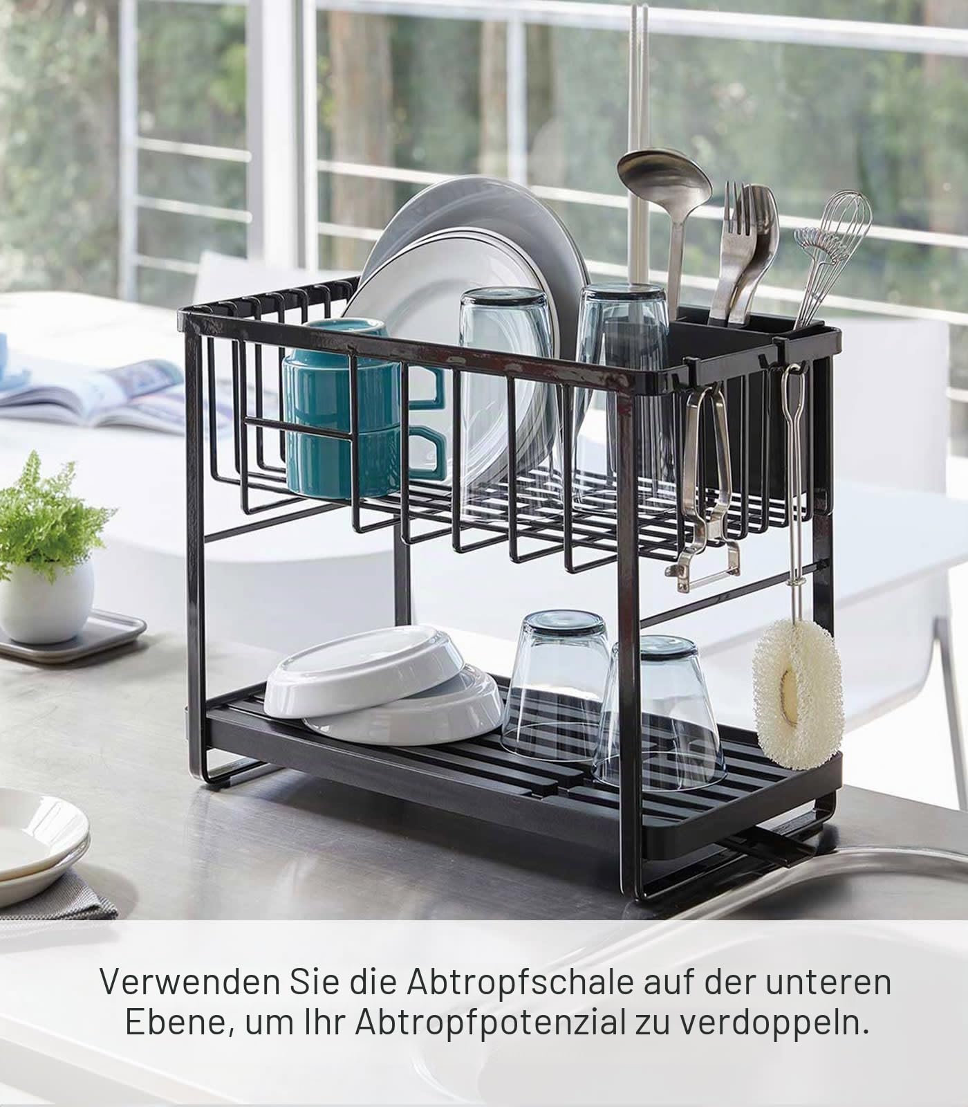 YAMAZAKI 4387 Tower 2Tiered Wire Dish Drainer, Black, Steel/ABS Resin/Polypropylene/Silicone, 41 x 22 x 33 cm