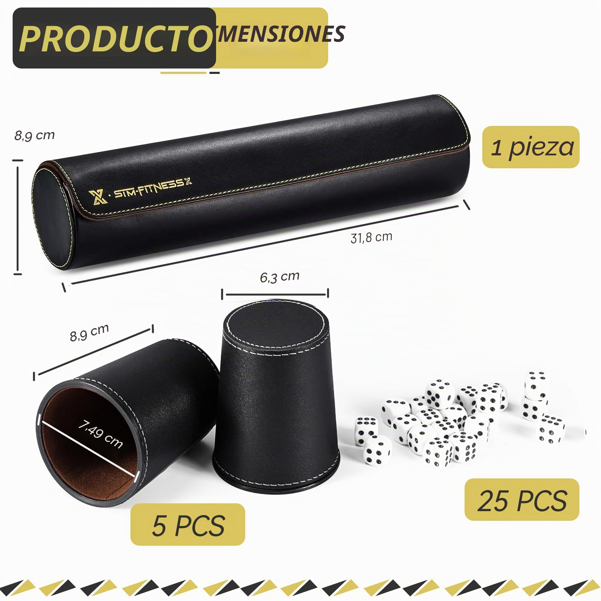Juego de vasos de piel sintética para fiestas, 5 cubos con vaso, 25 cubos de puntos + estuche de almacenamiento y transporte exclusivo de piel sintética con cierre magnético