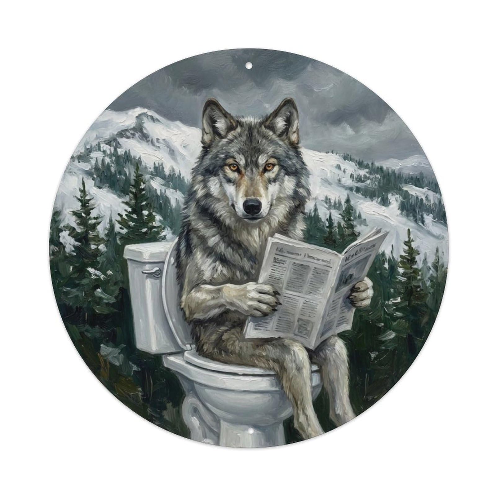 Wolf On Toilet Humorous Bathroom Snowy Ridge Reads Metal Tin Sign