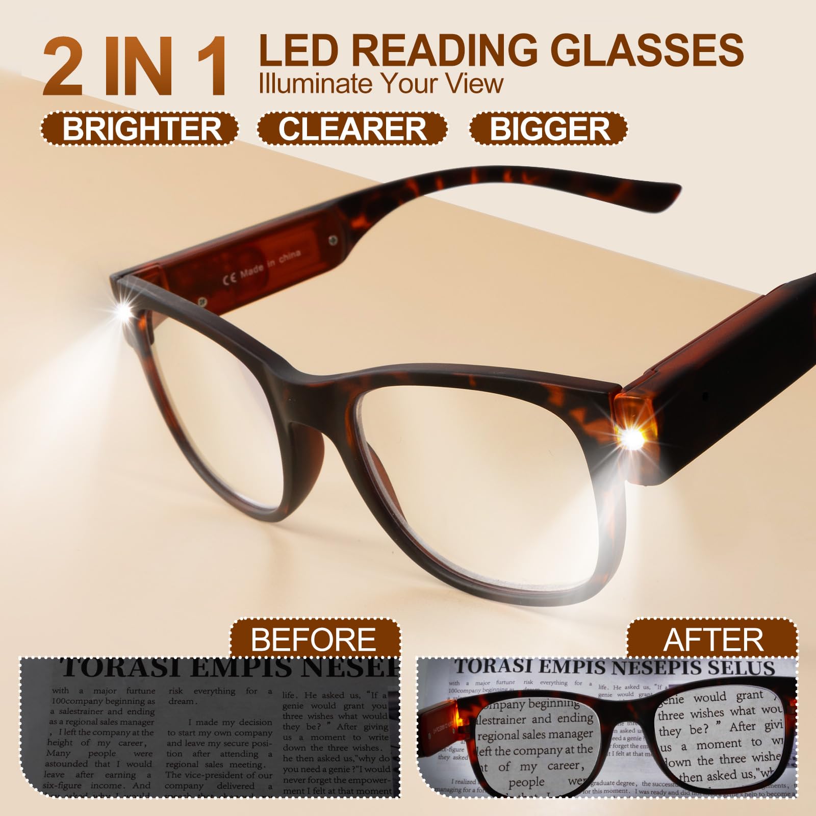 OuShiun Reading Glasses with Light USB Rechargeable LED Lighted Reading Glasses Blue Light Blocking Magnifier Eyeglasses (Tortoise,1.0) - Image 2
