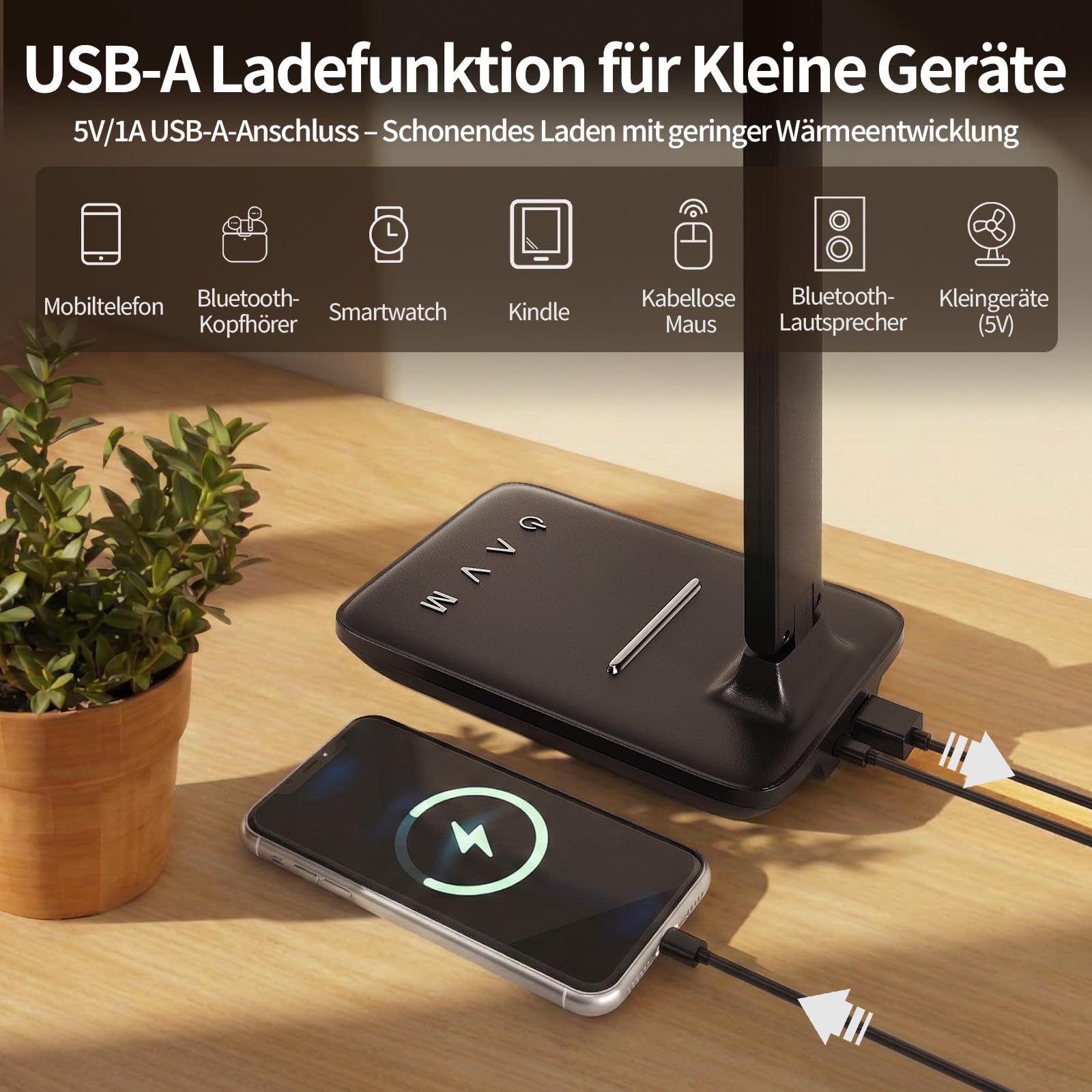 Lámpara De Escritorio LED, Lámpara De Mesilla Regulable Con Luz De Cuidado Ocular Y Puerto De Carga USB-A, 5 Modos De Luz Y 5 Niveles De Brillo, Luz De Lectura Plegable Para Dormitorio