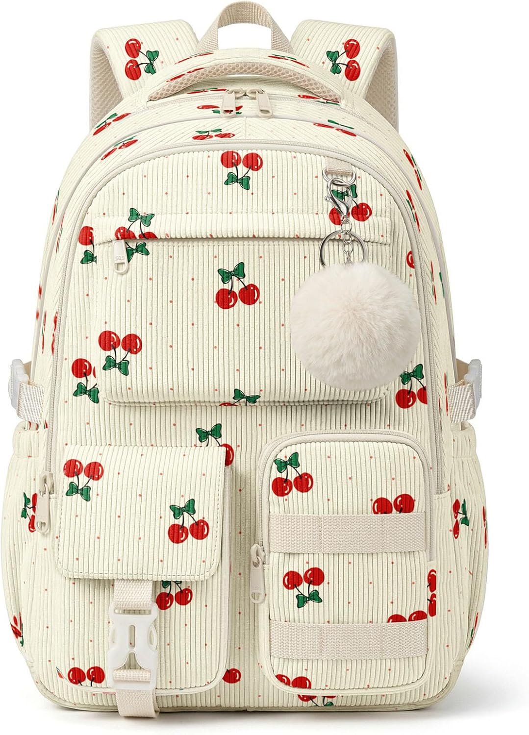 Corduroy Backpack for Teen Girls, Aesthetic Cute Cherry School Backpack with Multi-Pocket, Lightweight Bookbag Fits 15.6 Inch Laptop, Large Capacity Casual Daypack for School Travel