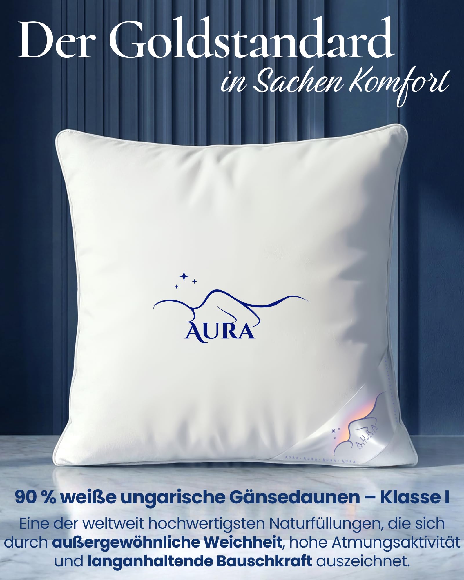 Aura® 3-Kammer Kopfkissen 80x80 – Daunenkissen mit 90% ungarischen Daunen Klasse I, mittelfest, OEKO-TEX®, 100% Baumwolle, für Allergiker geeignet