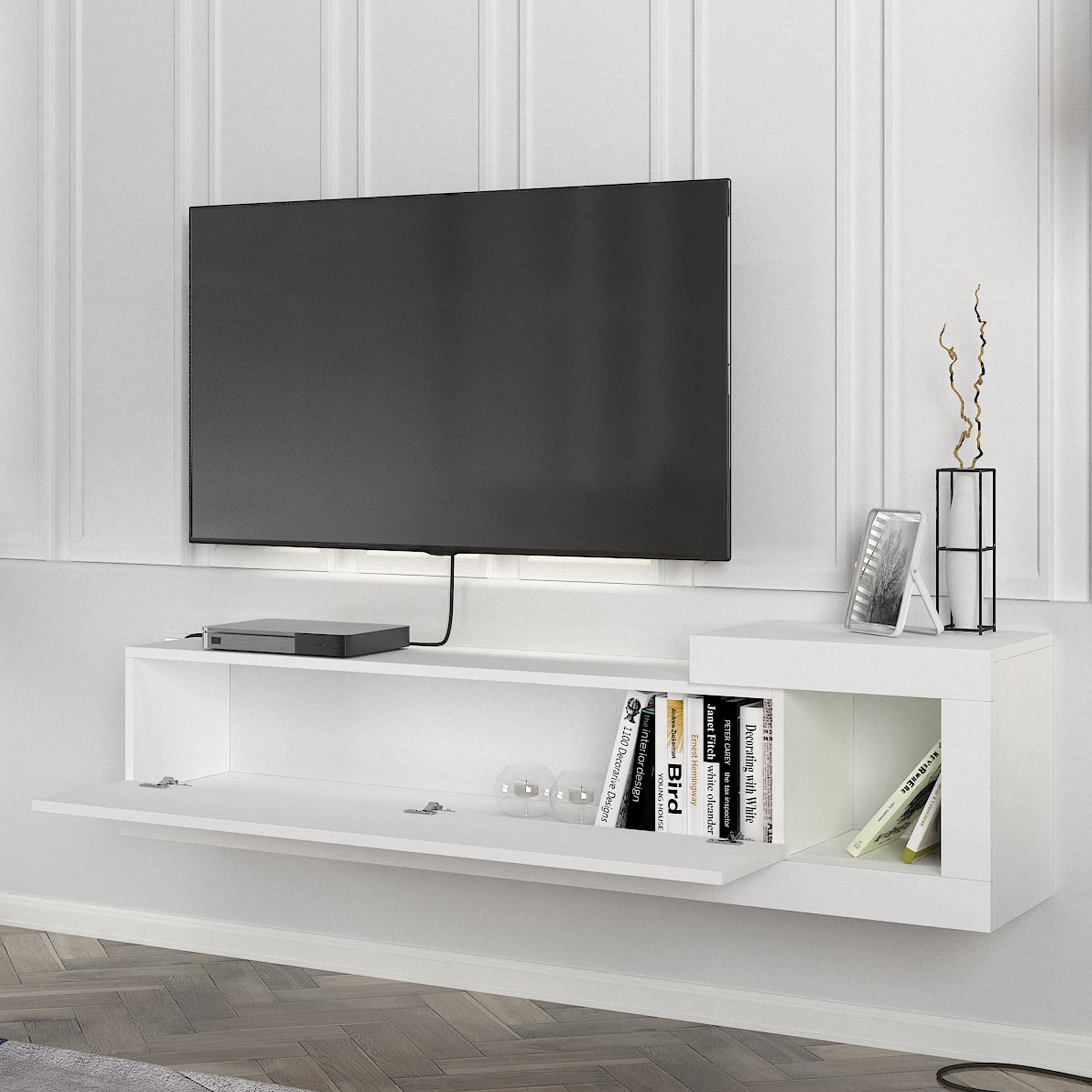 Meuble TV Mural Flottant Moderne 150 Cm - Effet Chêne Anthracite Avec Rangement Fermé Et Étagère Latérale - Design Élégant Pour Salon Et Chambre