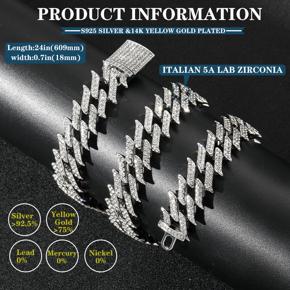 14K Gold Over S925 18mm Wide Thorn Cuban Link Chain Necklace, Fully Iced Out with ITALIAN 5A LAB ZIRCONIA, Luxurious Hip-Hop Cuban Style Jewelry, Best Gifts for Son