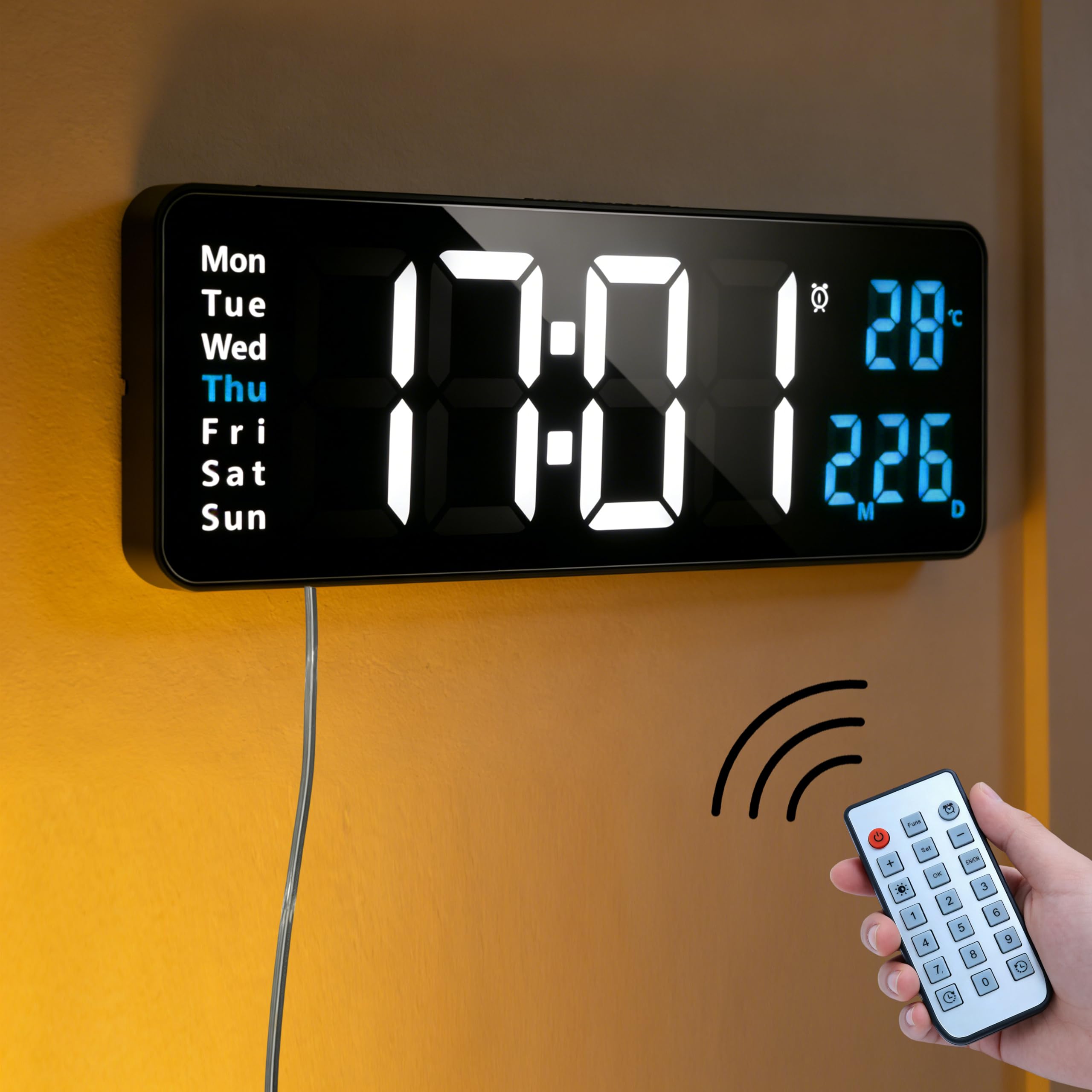 KAFUX 16" Large Digital Wall Clock, Blue Temperature Display, 10-Level Auto/Manual Dimming, 2 Alarms, Countdown/Countup Timer, Remote Control, 12/24H, LED Wall Clock for Living Room, Bedroom, Office