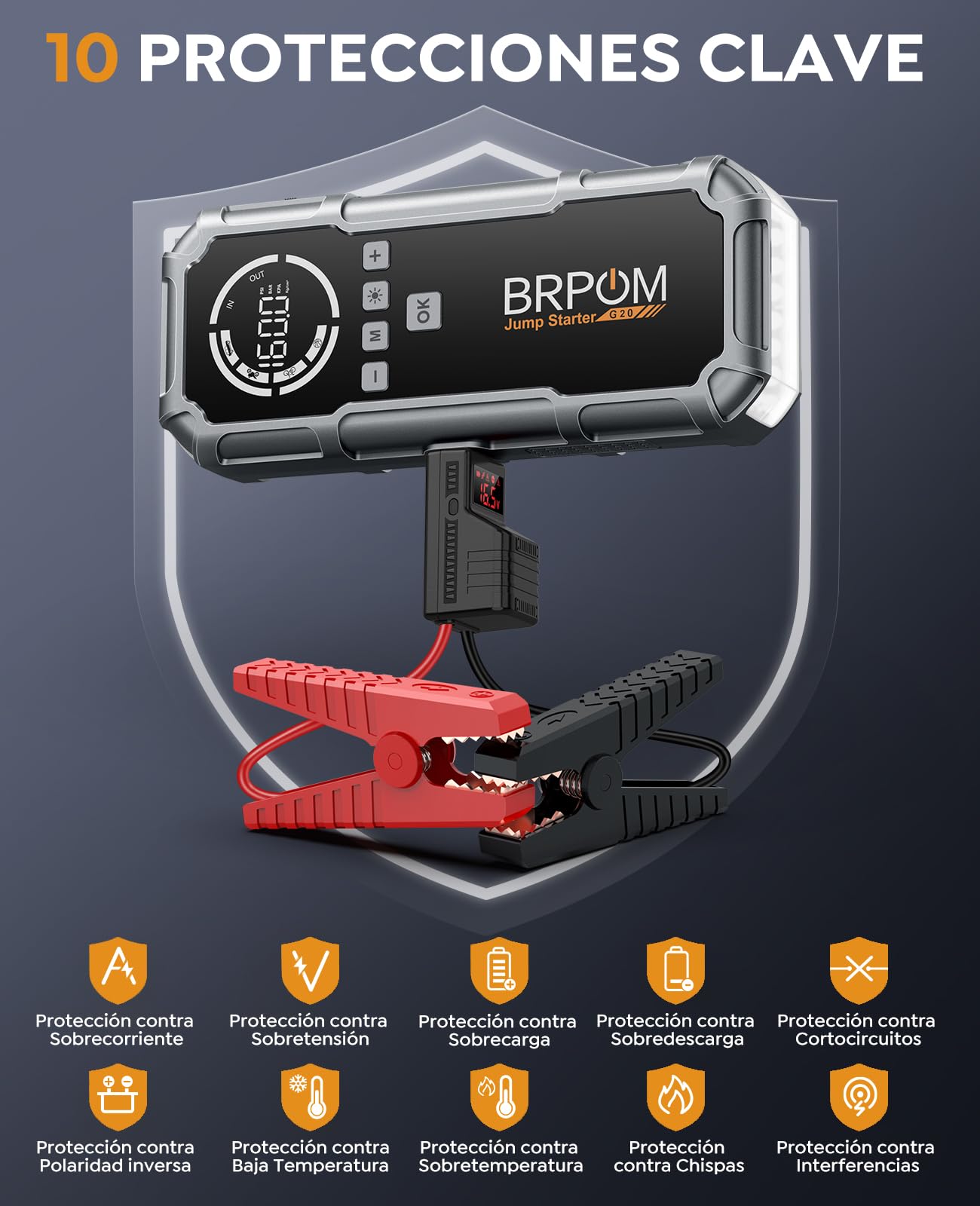 BRPOM Arrancador de Coches con Compresor de Aire, 80000A Arrancador de Batería de Coche, 160PSI Compresor Aire Portatil, Toda Gasolina o 12L Diésel, 26800mAh Banco de Energía, 600 Lumen LED