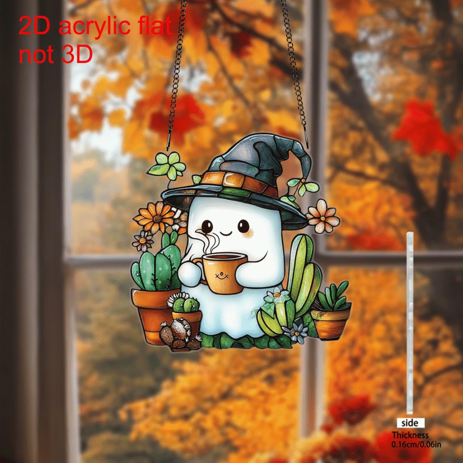 Halloween Cute Ghost Suncatcher,Fun Decoration Plant Light Sun Catcher，Acrylic Window Hanging Indoor Outdoor for Family Art Wall Decor，Women Friends Neighbor Halloween Party Gift 7.8inch image 3
