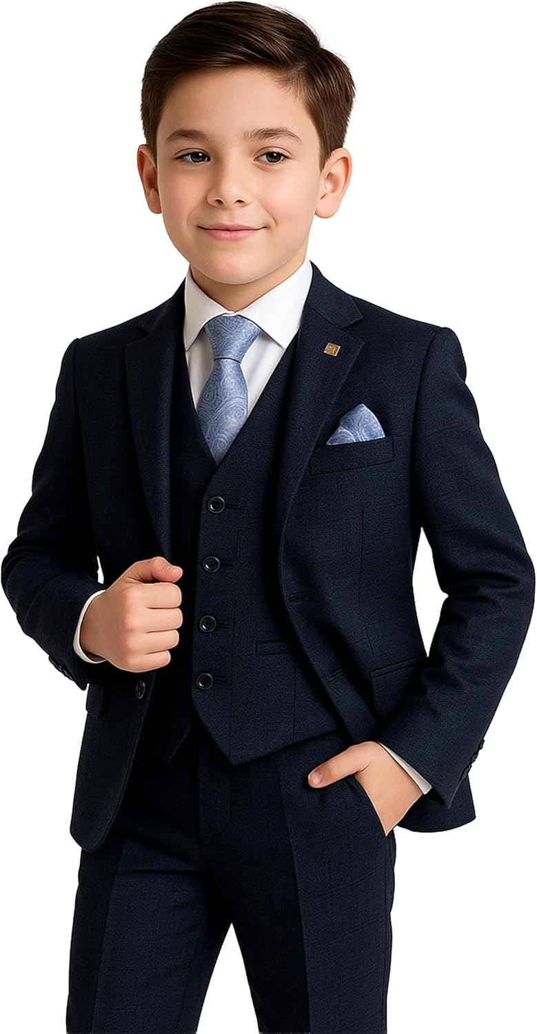 Men’s Boys Glen Check Suit Tweed Tailored Fit Father & Son 3 PC Set for Weddings