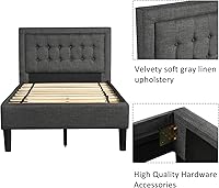 Vista 5 de Anwick Cama de plataforma tapizada con botones y soporte de listones de madera resistente (individual, gris)