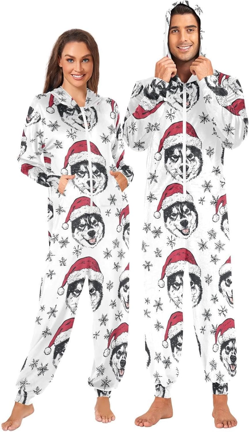 ZZKKO Sled Dog and Christmas Hat Adult Onesie Pajamas for Women Men Cozy One Piece Pajamas Costume Zip-Up Hooded S-XL