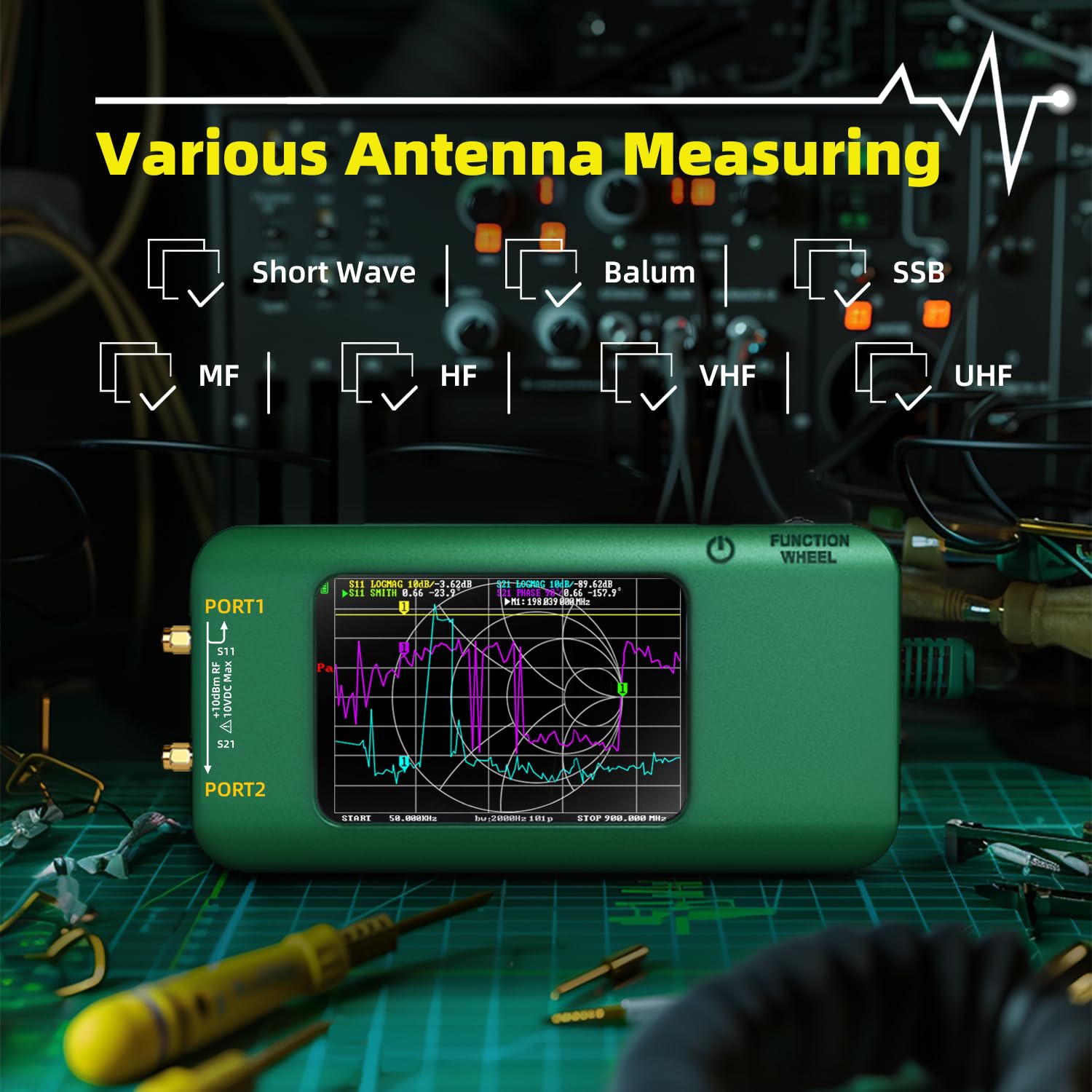BSIDE Vector Network Analyzer showing icons for various antenna measurement types like Short Wave, Balun, SSB, MF, HF, VHF, and UHF.