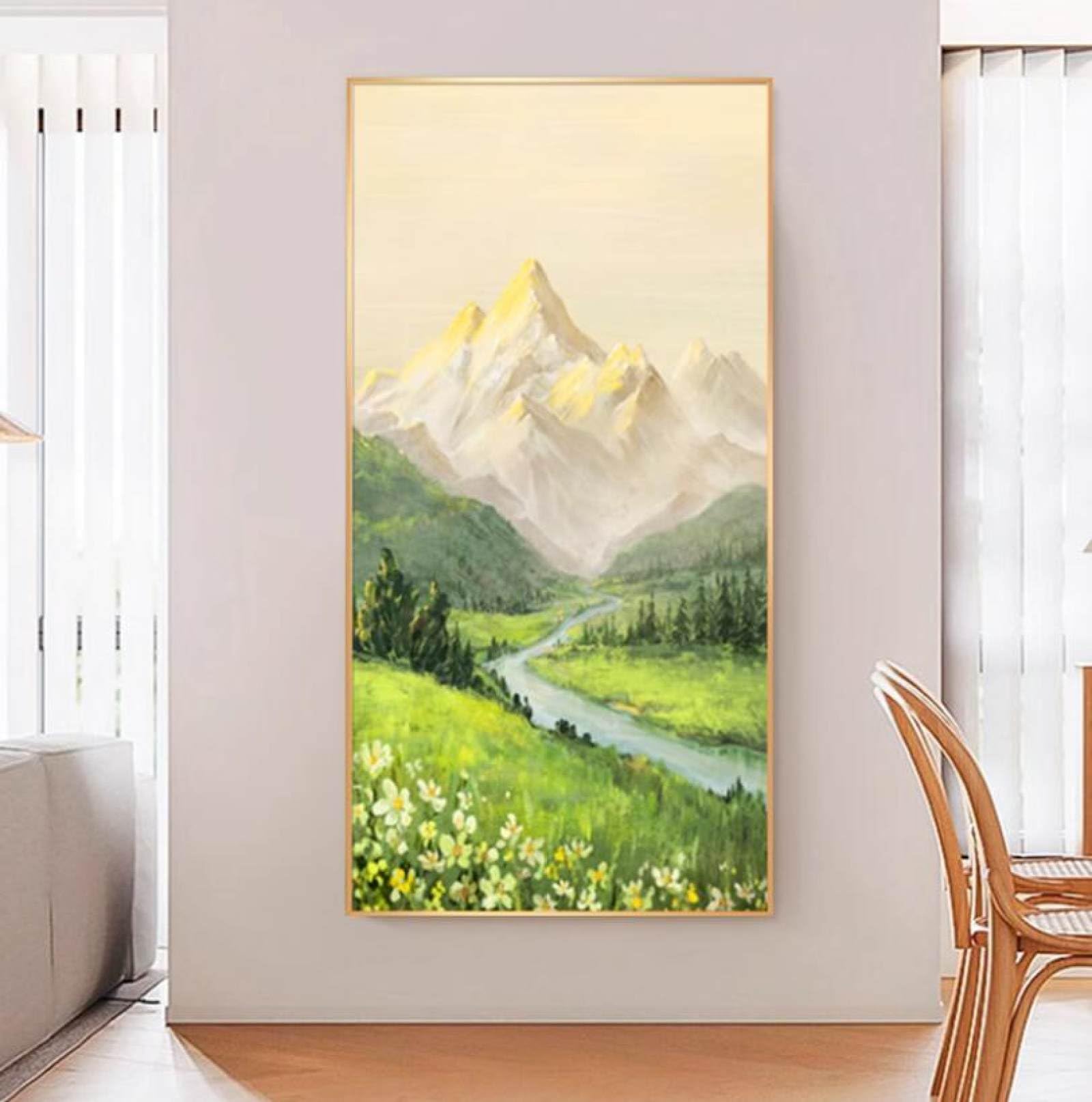 Peinture à l'huile sur toile paysage montagne mer de fleurs tableau texture salon