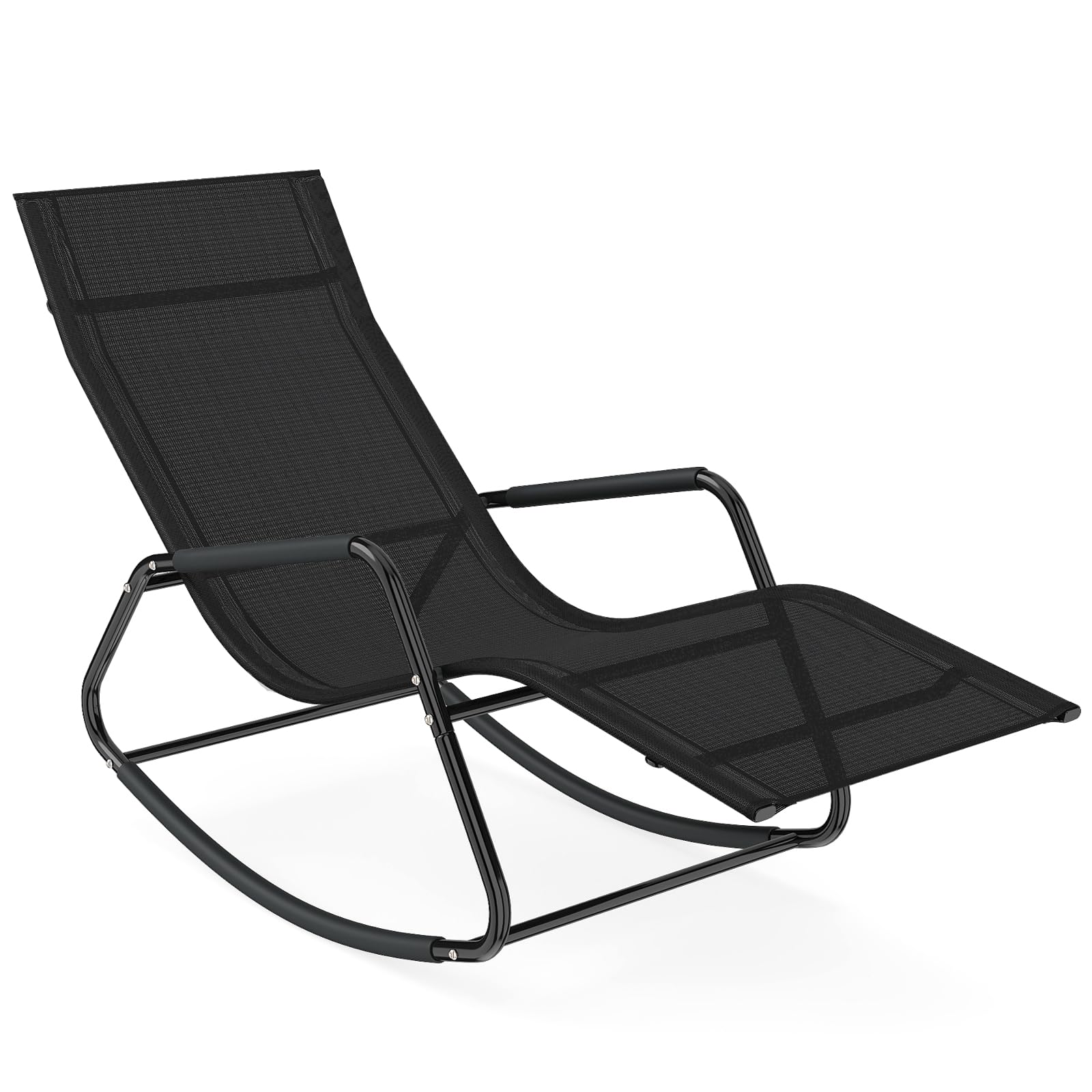 GOPLUS Tumbona Mecedora de Jardín, Carga 160 kg, Silla Balancín para Exterior con Tejido Transpirable, Reposabrazos Curvos, Reposacabezas Desmontable, para Balcón, Terraza (Negro, 57x143x86 cm)