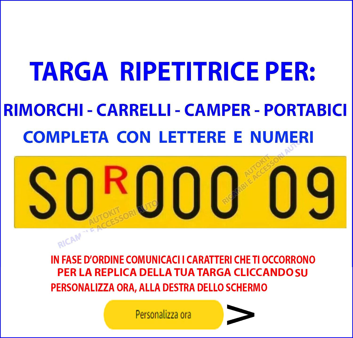 TARGA RIPETITRICE IN ALLUMINIO PROVVISORIA PER RIMORCHI - CARRELLI - PORTABICICLETTE-CAMPER COMPLETA DI LETTERE E NUMERI - 98071 + 7 CARATTERI