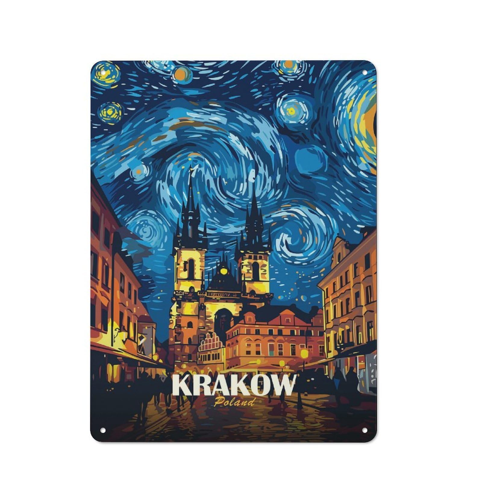 Junmoney Style-19 Modern Retro Decorative Metal Plaque 40X30cm Featuring Krakow Poland Night Cityscape Art, Loft Wall Plaque For Flat, Bar, Studio Or Gallery Wall