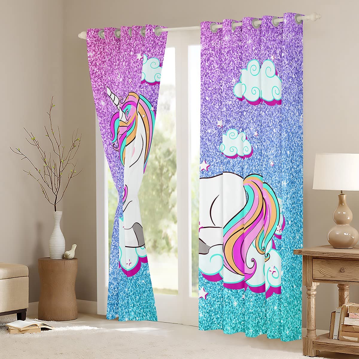 Loussiesd Mädchen Einhorn Vorhänge Mädchenhaft Glitzer Tier Dekor Fenstervorhang 245x140cm Pastell Regenbogen Verträumtes Pferd Blickdichte Vorhänge Rosa Blau Helles Schlafzimmer Dekor