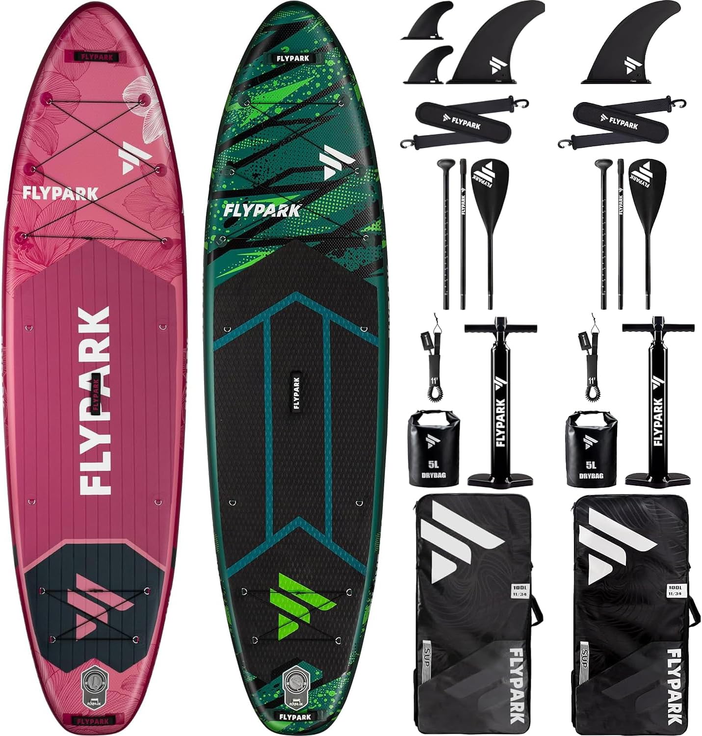 Flypark Couple Bundles｜11'x34''x6'' Extra Wide Inflatable Stand Up Paddle Boards, All Accessories+2, 116L Backpack, Shoulder Strap, 3 Removeable Fins+Center fin, 2-Action Pump