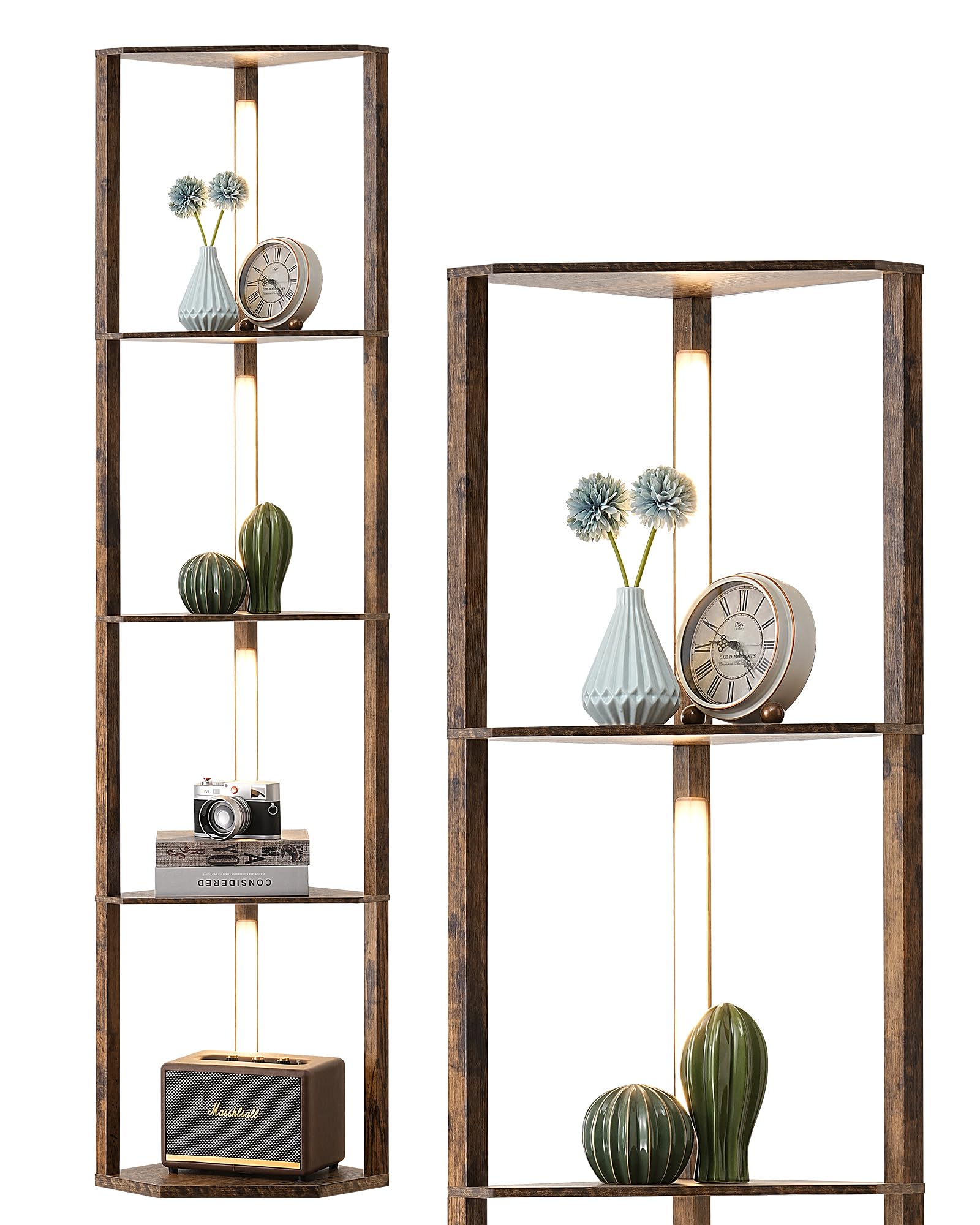 EDISHINE Stehlampe mit 4 Holz-Regal, Standleuchte Wohnzimmer, LED Dimmbar Stehleuchte 3-Farbtemperatur, Leselampe mit 360° Drehbarer Lichtmast, Fußschalter, Eckregal Regalbeleuchtung