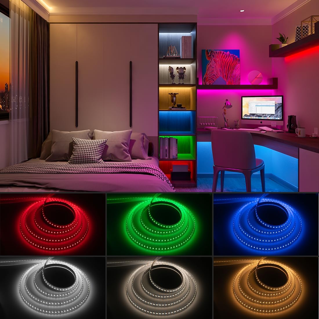 BTF-LIGHTING Highest Density RGBCCT 5 Colors in 1 LED 5050SMD RGB+ Tunable Color Temperature 2700K-6500K 16.4ft 112LEDs/m DC24V Multi-Colored IP30 12mm Width (No Adapter or Controller)