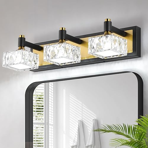 Miniatura 7 de Lámpara de baño de 3 luces sobre el espejo, luz LED regulable para tocador de baño con pantalla de cristal, lámpara de pared moderna negra y dorada,