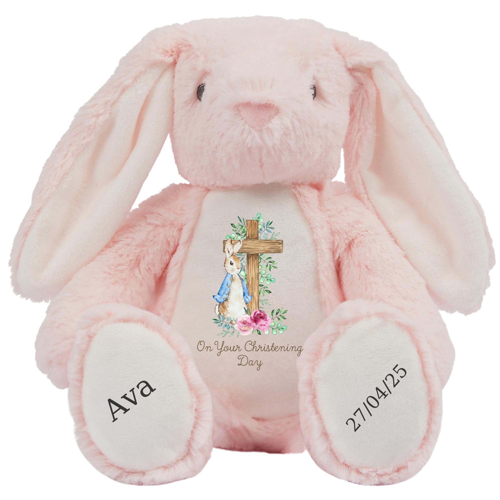 Personalised Christening Bunny with Name - Peter Cross Rabbit Pink Flowers On your Christening Day Soft Toy for Baby, Toddler, Kids, Child, Babies Baptism Church Spring Time - Blue Letter Pin Bunny