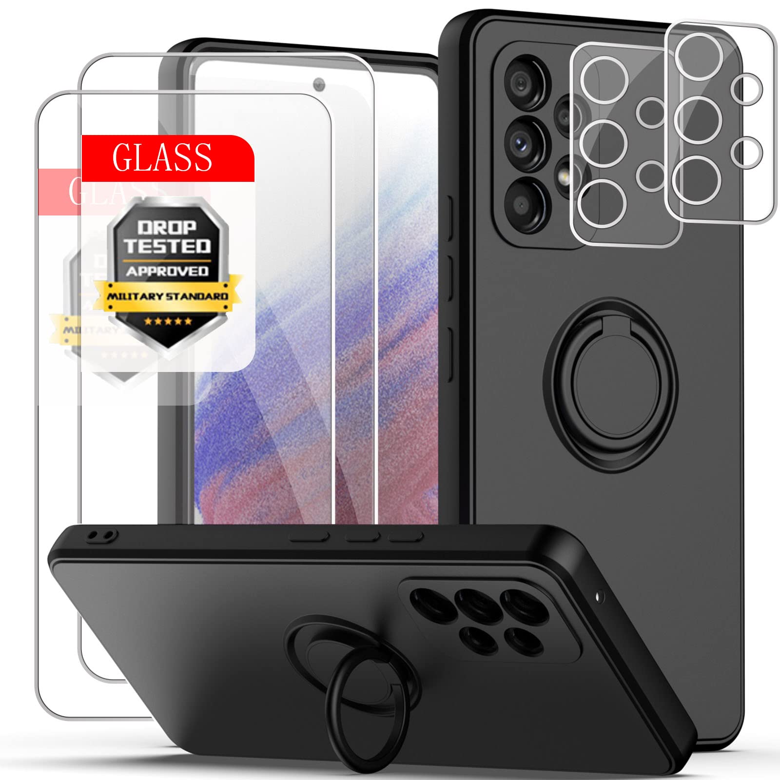 Esakycn for Samsung Galaxy A53 5G Case with Screen Protector [2 Pack] and Camera Lens Protector [2 Pack], Phone Case Silicone Magnetic Car Mount Ring