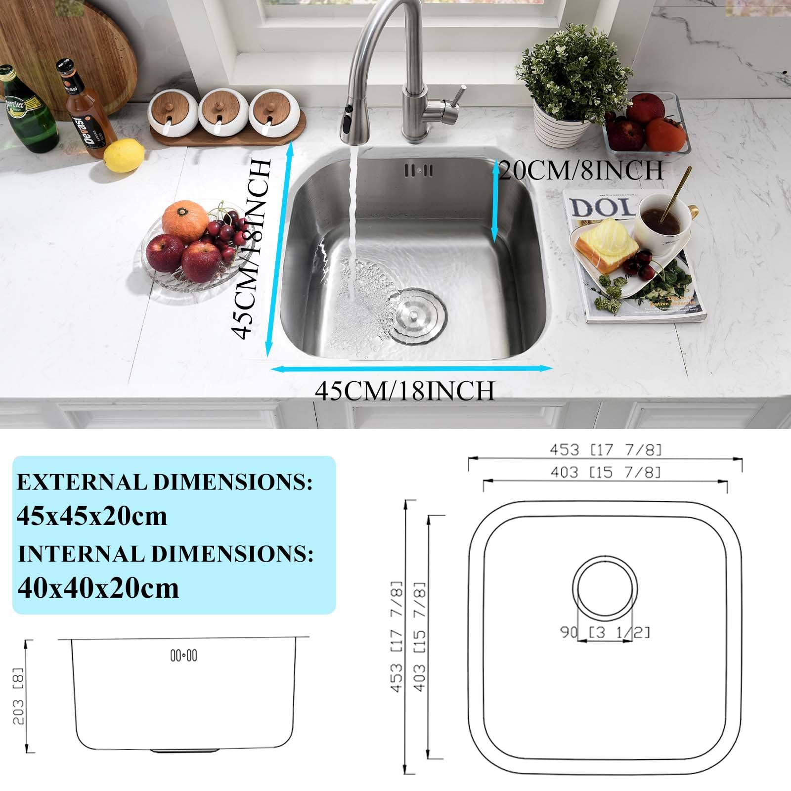 Fregadero Cocina 46 x 46 cm, Fregadero Bajo Encimera, Fregadero Acero Inoxidable Con Rebosadero Y Escurridor, Ideal Para Cocinas, Restaurantes Y Cafés (Acabado Cepillado)
