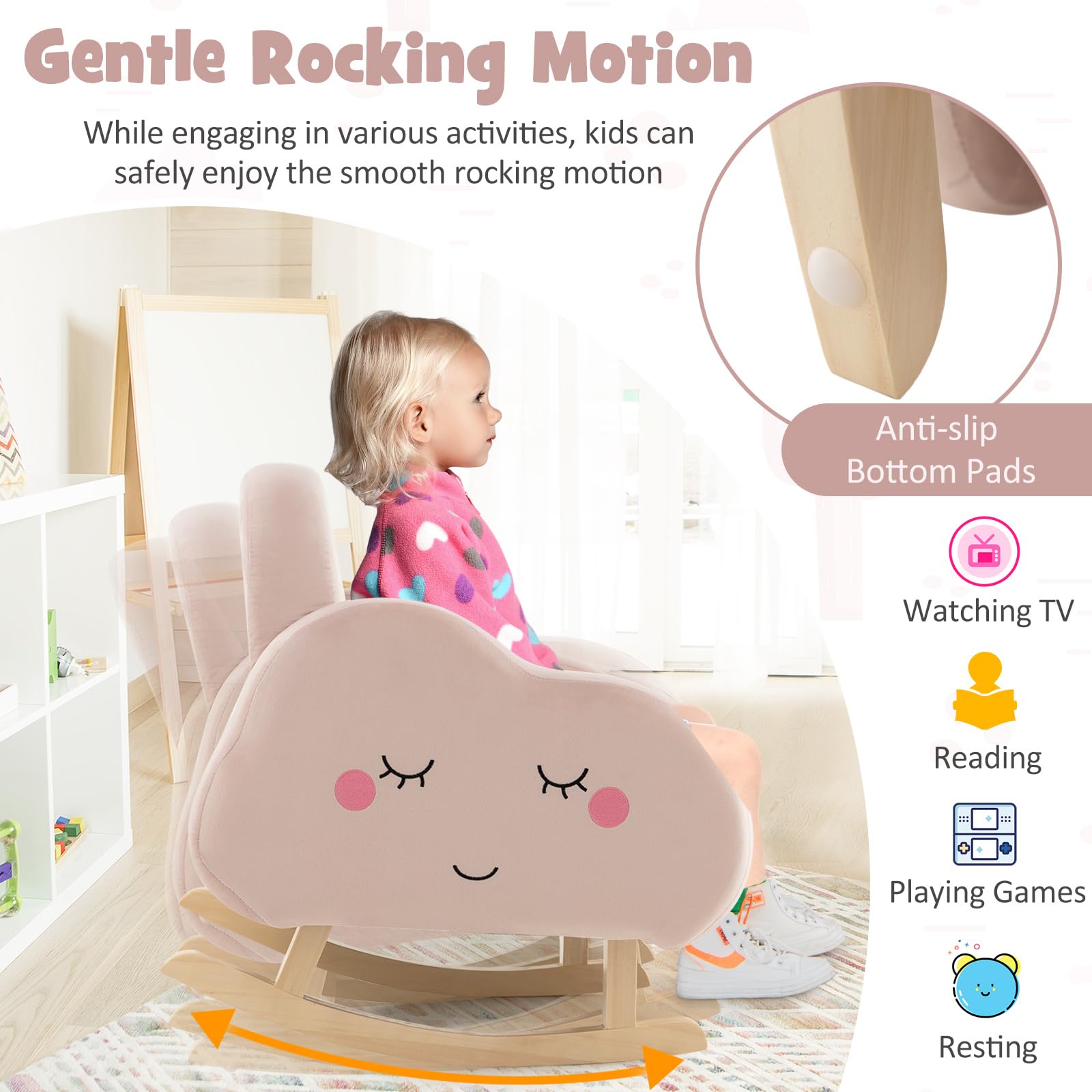 GOPLUS Fauteuil à Bascule Enfant, Fauteuil Rembourré en Éponge avec Pieds en Bois Massif & Patins Antidérapants, Chaise à Bascule en Velours avec Accoudoirs, Cadeau pour Enfants 3-5 Ans, Rose
