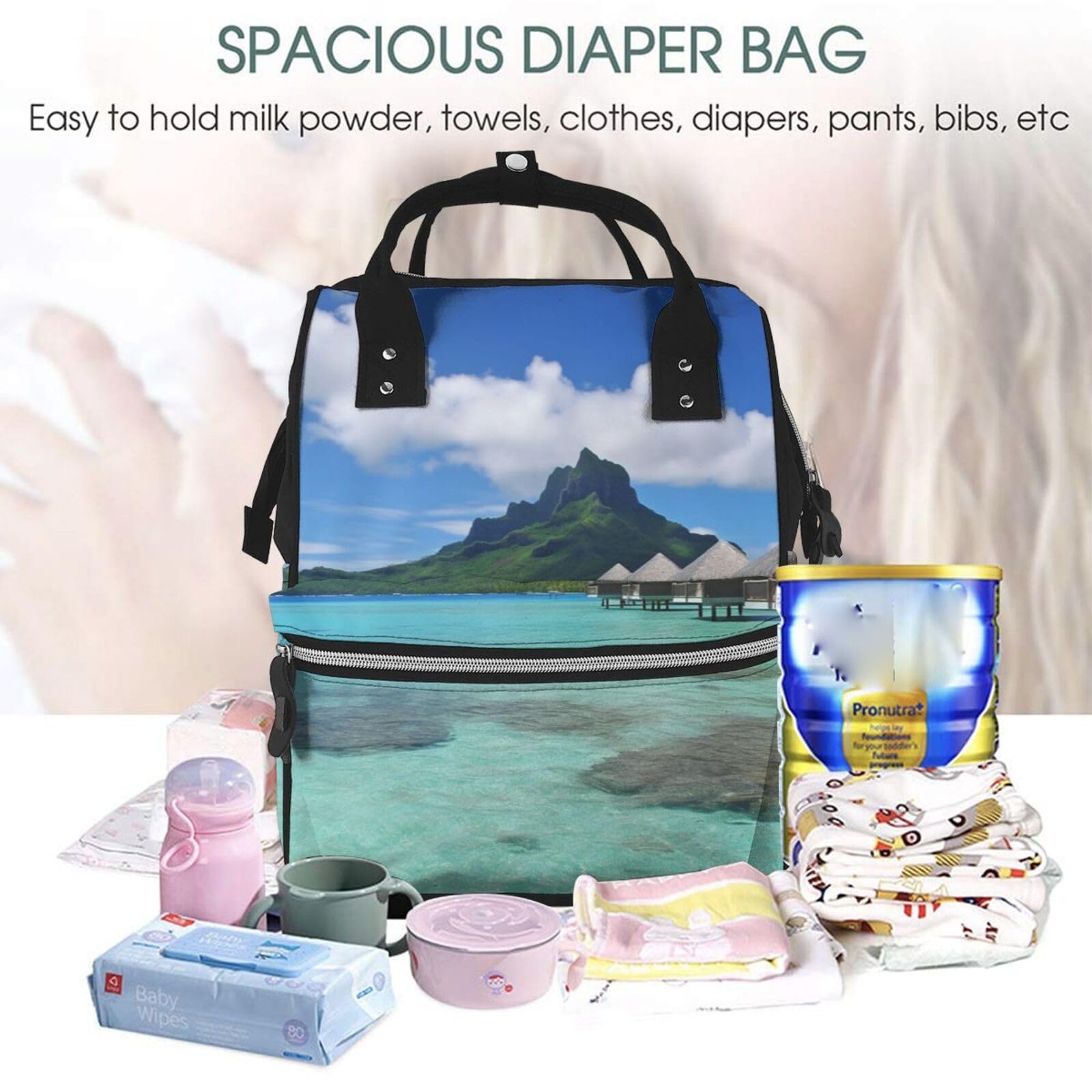 Tahiti Sac à langer multifonction pour ordinateur portable Motif plage Grand sac à langer, noir, One Size, Sacs à dos de voyage