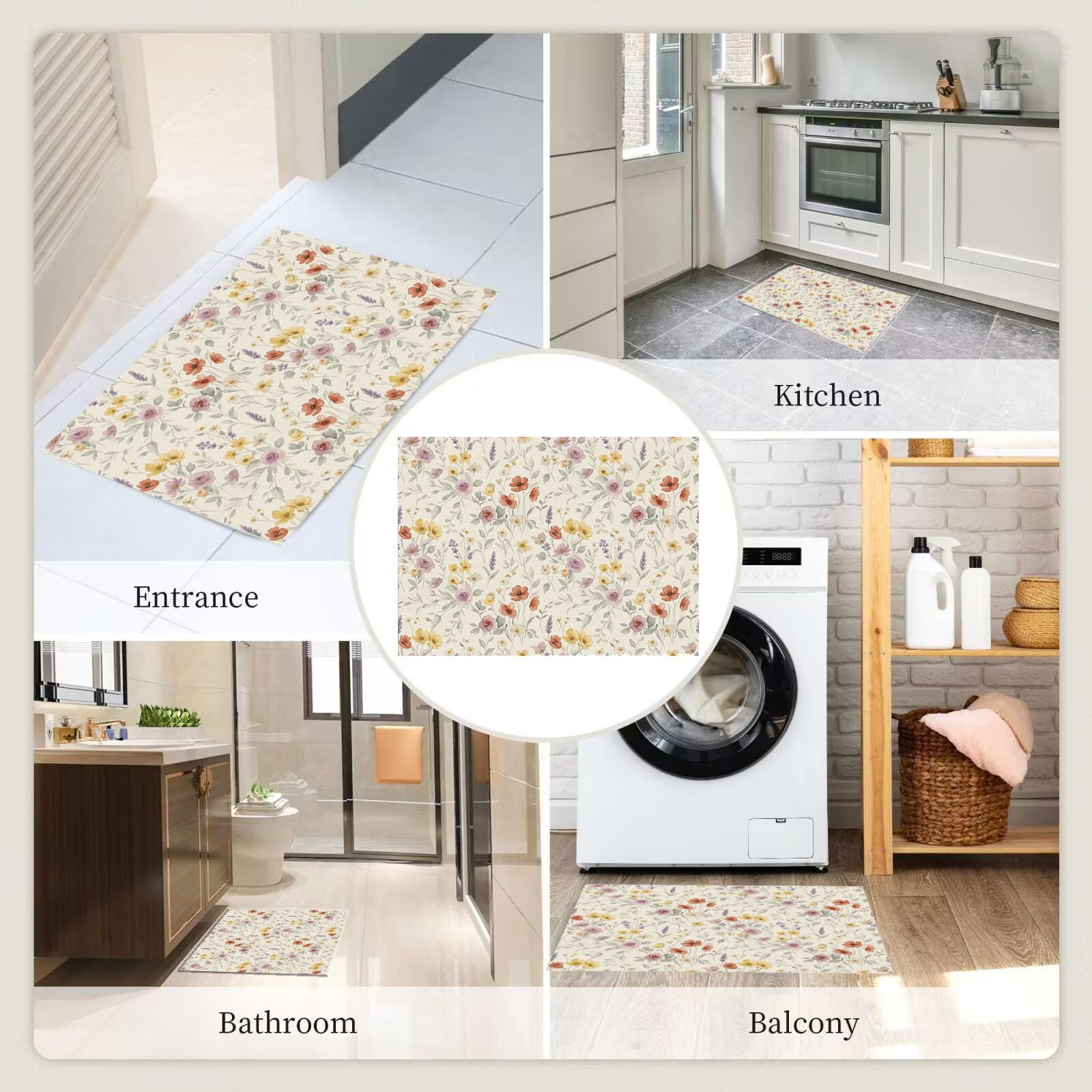 60X90Cm Zerbino Ingresso Interno Antiscivolo Assorbente, Tappeto Microfibra Sottile Lavabile Con Floreale Di Campagna Francese Piante Romantiche Ad Acquerello Per Cucina Bagno Porta Animali, Beige