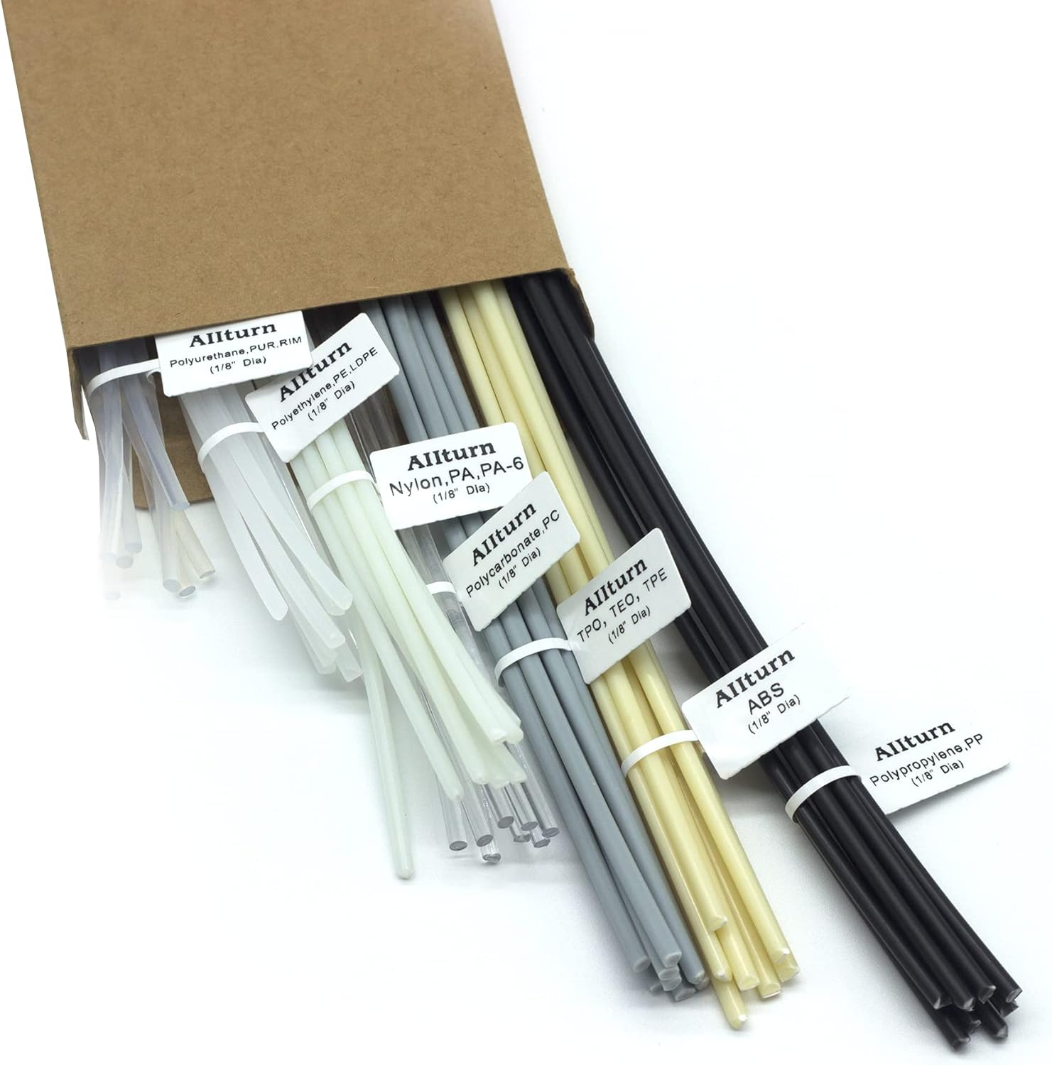 Allturn Plastic Welding Rods- 7 Types of Welding Plastic (PP PU ABS PE TPO PA PC) Most Common Plastics- For Use With Allturn Plastic Welding Kit- 56 Pack of 13" x 1/8" Dia - - 