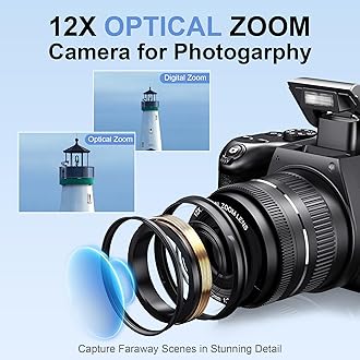 4K Digital Cameras for Photography, 12X Optical Zoom 72MP Vlogging Camera for YouTube with 270°Flip Screen, Autofocus & Anti-Shake Cameras, Wi-Fi & App-Controlled 4K Camera, 2 Batteries, 32GB SD Card