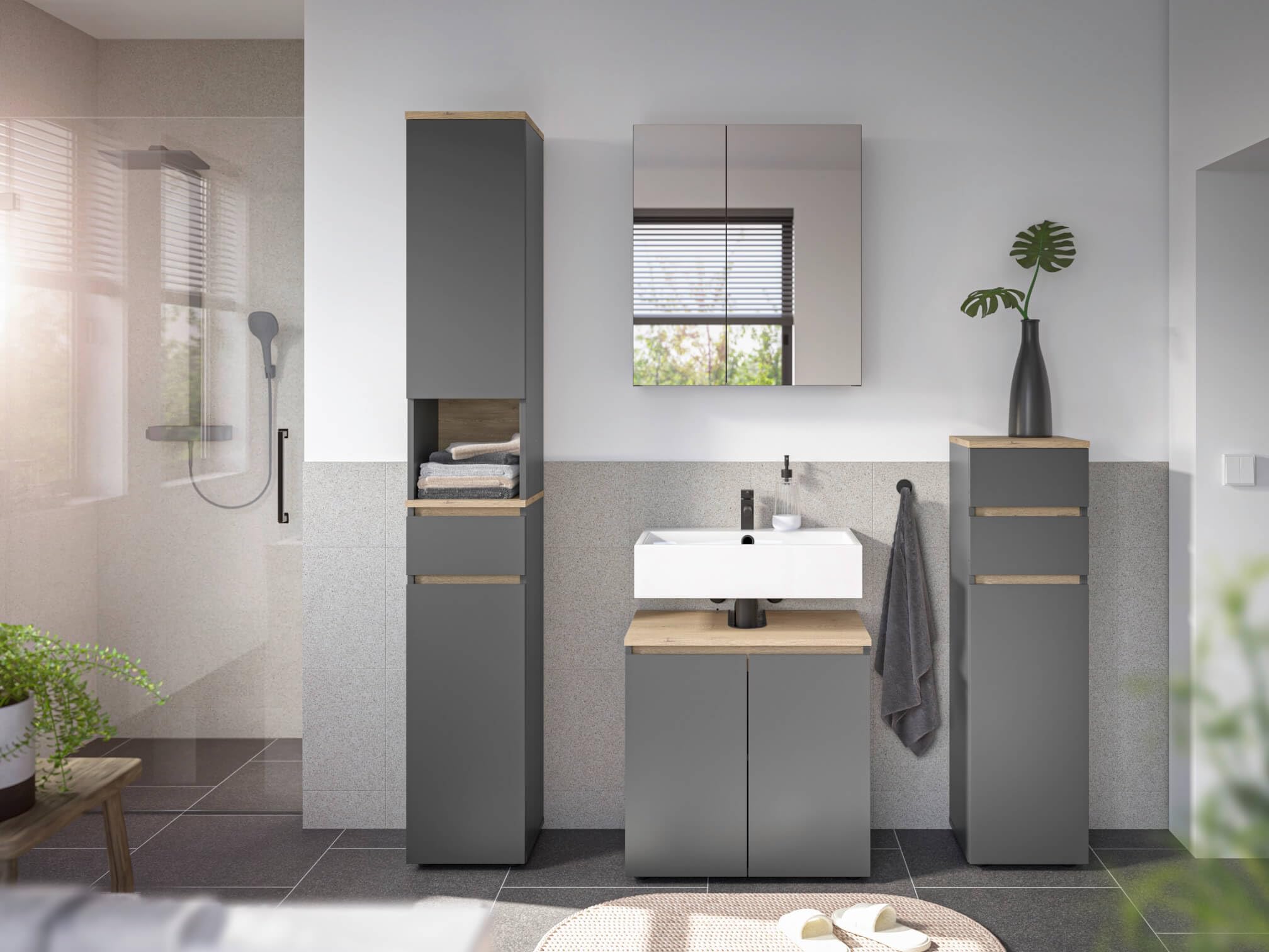 moebel-dich-auf Badezimmer Badmöbel -Set Londres Anthrazit Hochschrank Spiegelschrank Wbu Kommode Set 1
