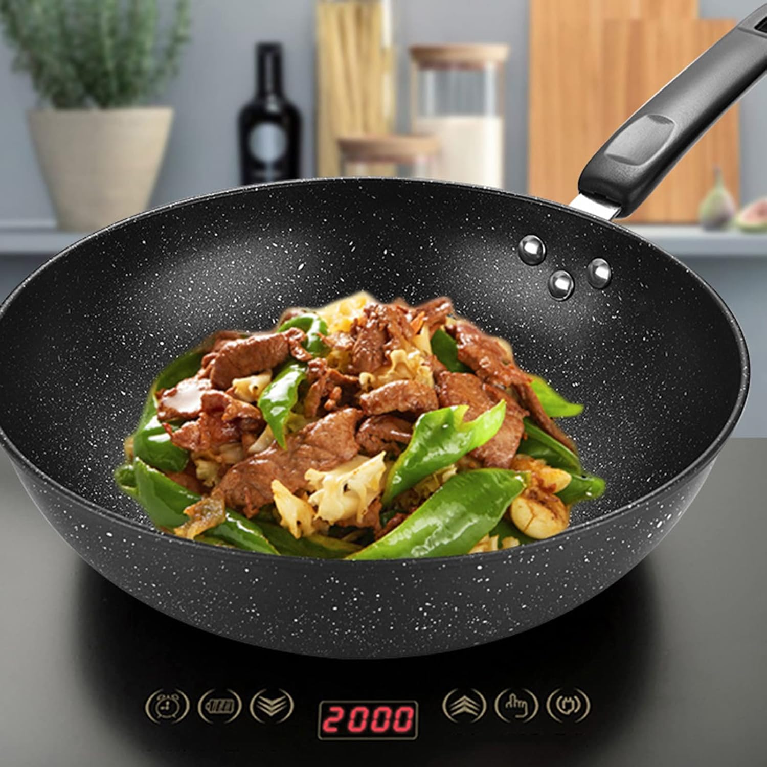 Frying Pan with Lid Skillet Nonstick, Wok Pan Nonstick, Carbon Steel Wok Pan Woks and Stir Fry Pans for Electric, Induction and Gas Stoves (with Cover 30cm)